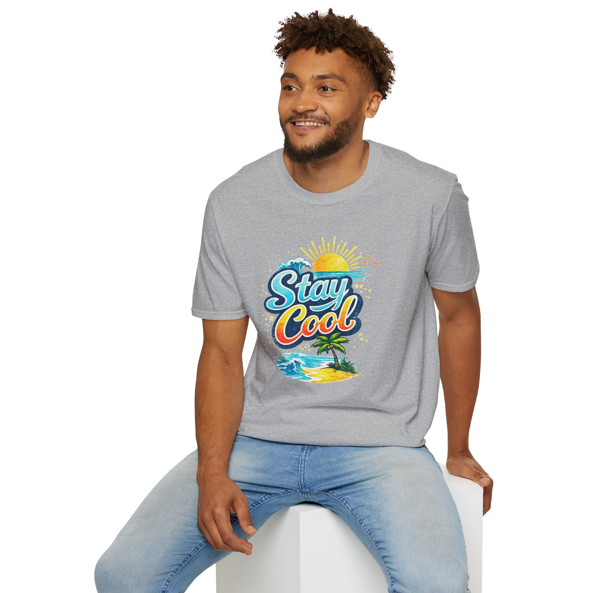 Stay Cool Beach T-Shirt — Vintage Sunset Palm Island Graphic