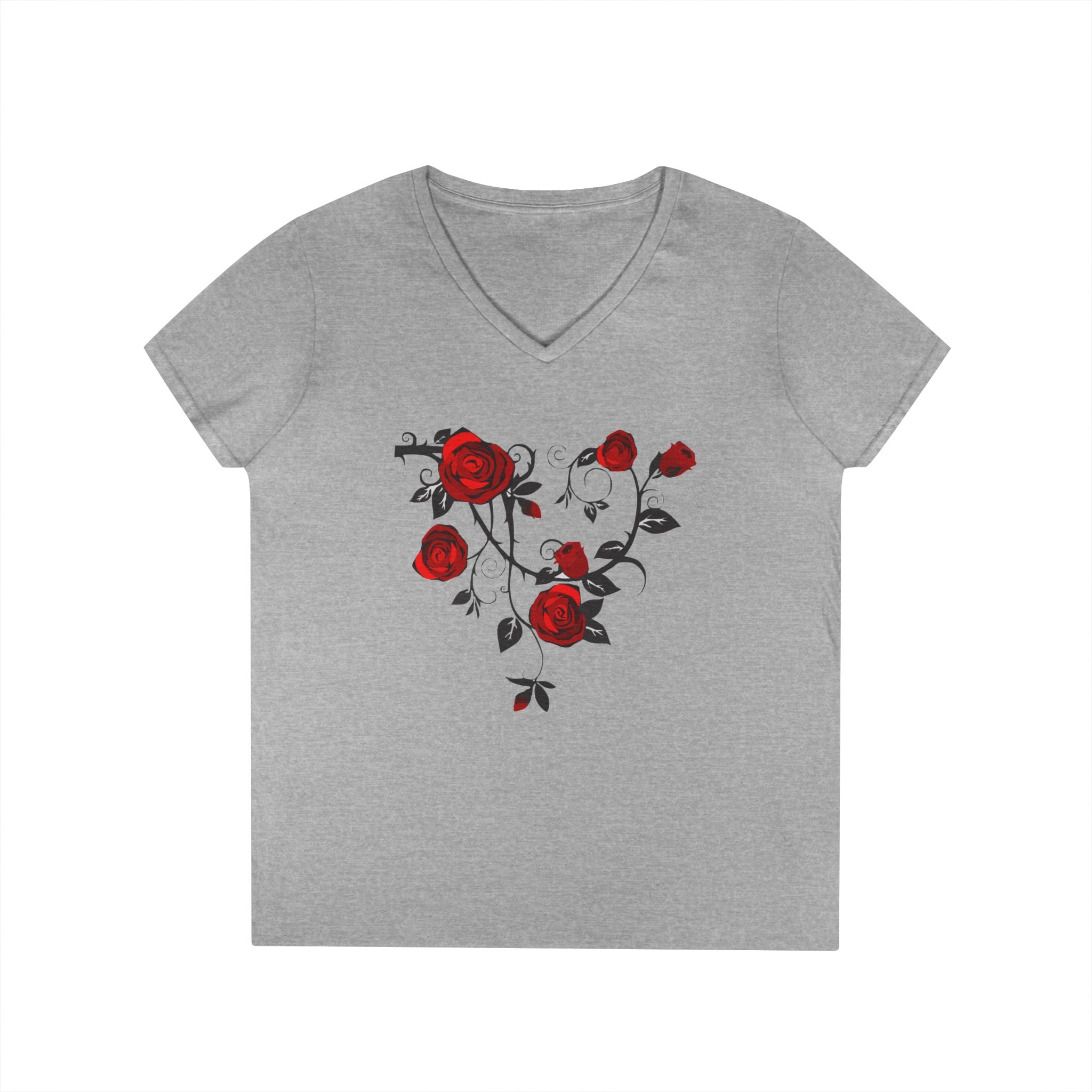 Rose Heart V-Neck Tee — Floral Red Roses Women's T-Shirt