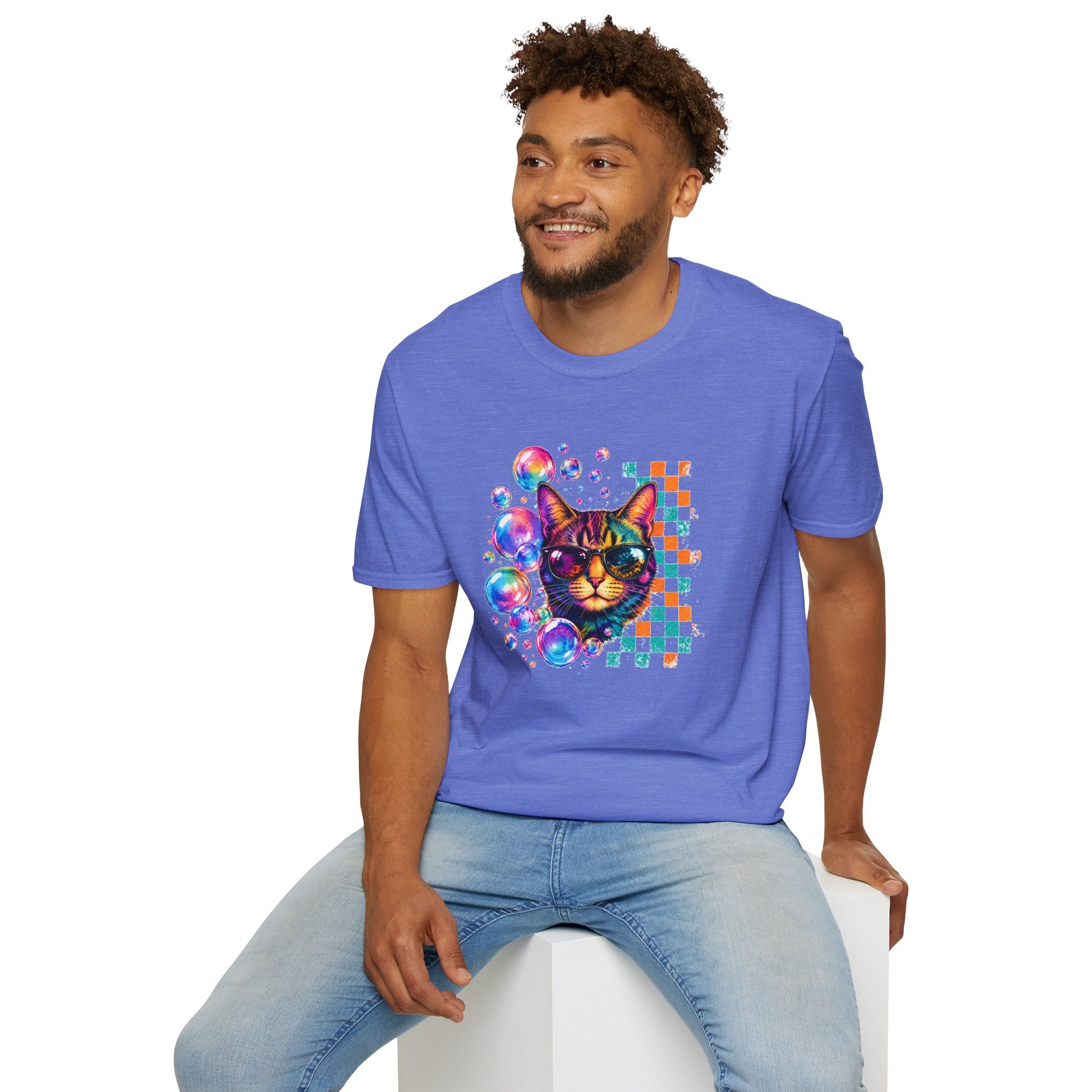Colorful Cat Sunglasses T-Shirt, Retro Pop Art Cat Tee, Fun Graphic Shirt