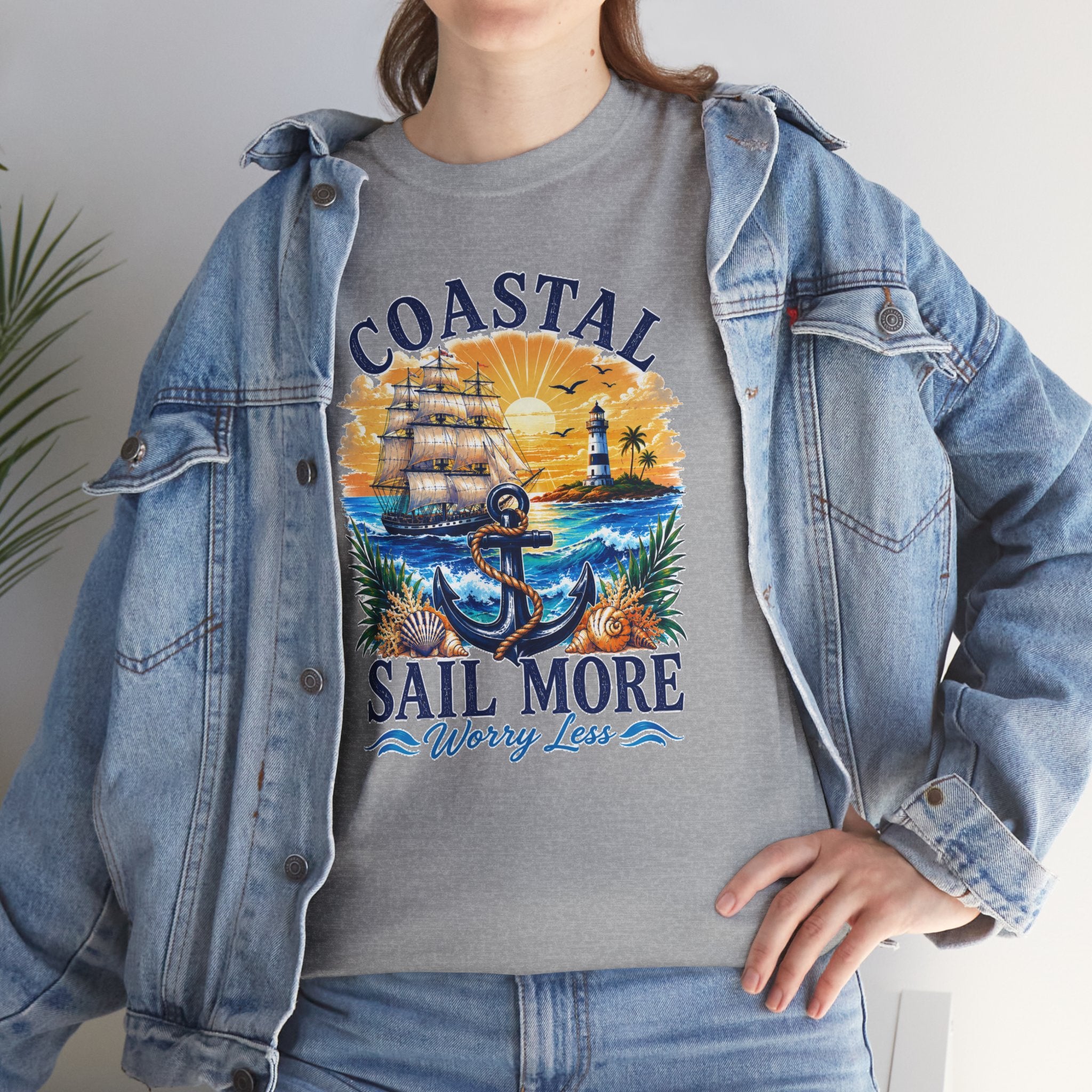 Coastal Sail More Worry Less T-Shirt | Nautical Beach Graphic Tee | Sailing Lover Shirt | Ocean Sunset Gift