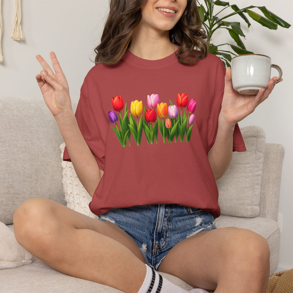 Colorful Tulip Shirt, Floral T-Shirt for Women, Botanical Graphic Tee, Spring Garden Shirt, Comfort Colors Tee