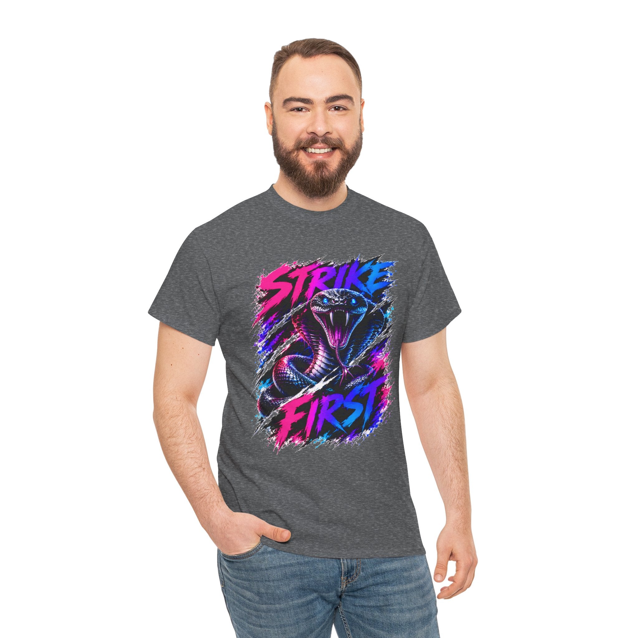 Strike First Cobra T-Shirt | Neon Snake Graphic Tee | Bold Streetwear Shirt | Unisex Graphic Tee