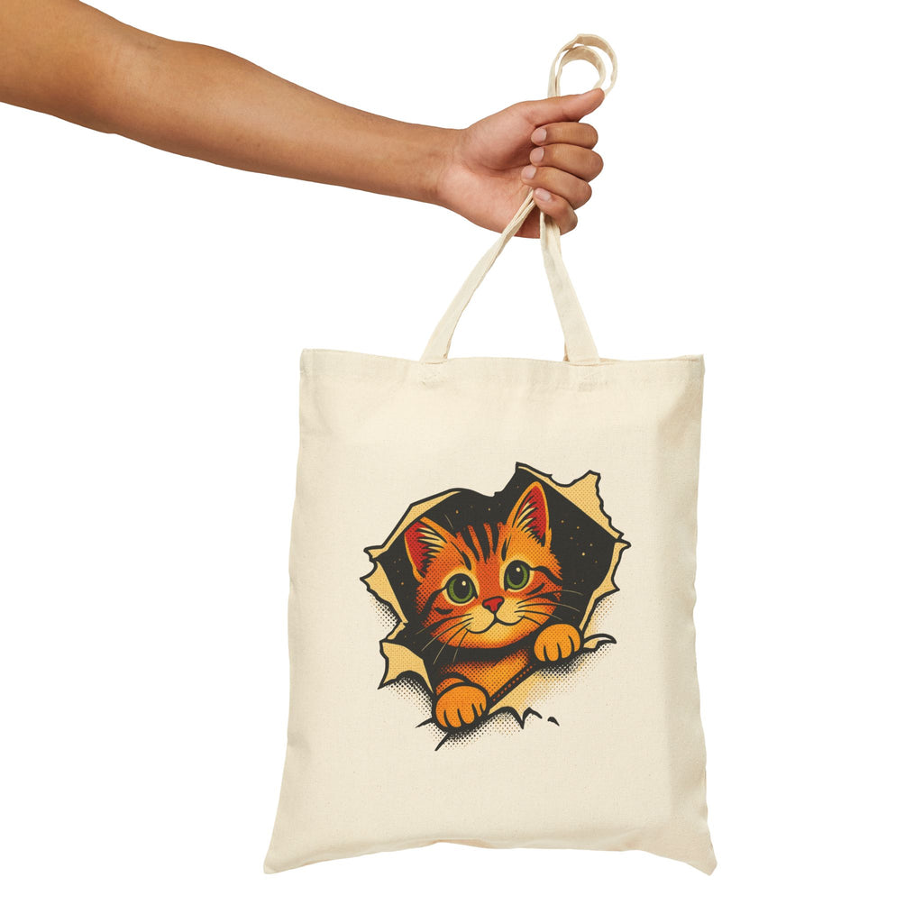 Cat Peeking Tote Bag — Cute Kitten Canvas Grocery & Book Bag