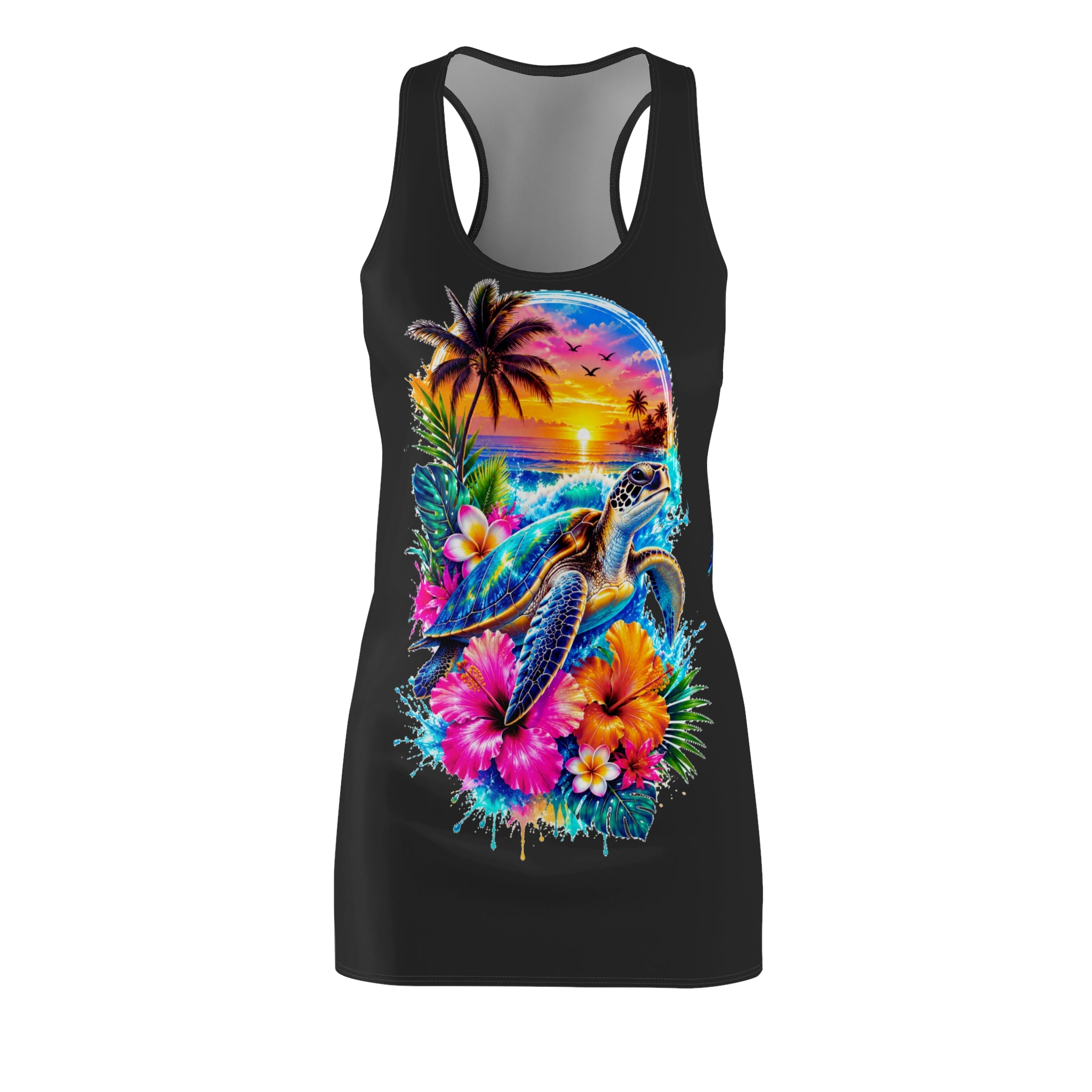 Tropical Sea Turtle Racerback Dress — Sunset Hibiscus Beach Print