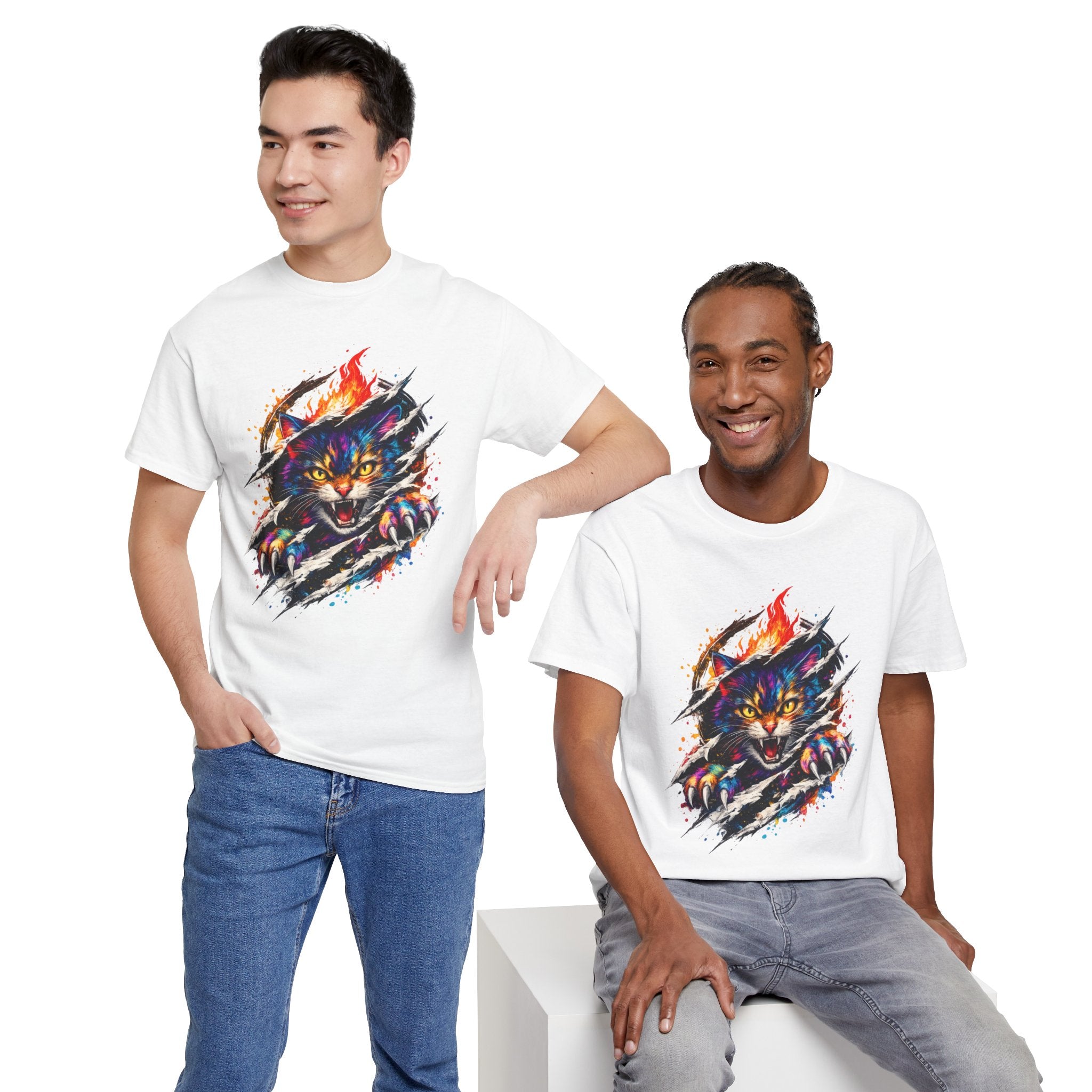 Colorful Angry Cat Rip Through Graphic Tee | Neon Cat T-Shirt | Unisex Streetwear Shirt | Fierce Cat Art | Gift for Cat Lovers