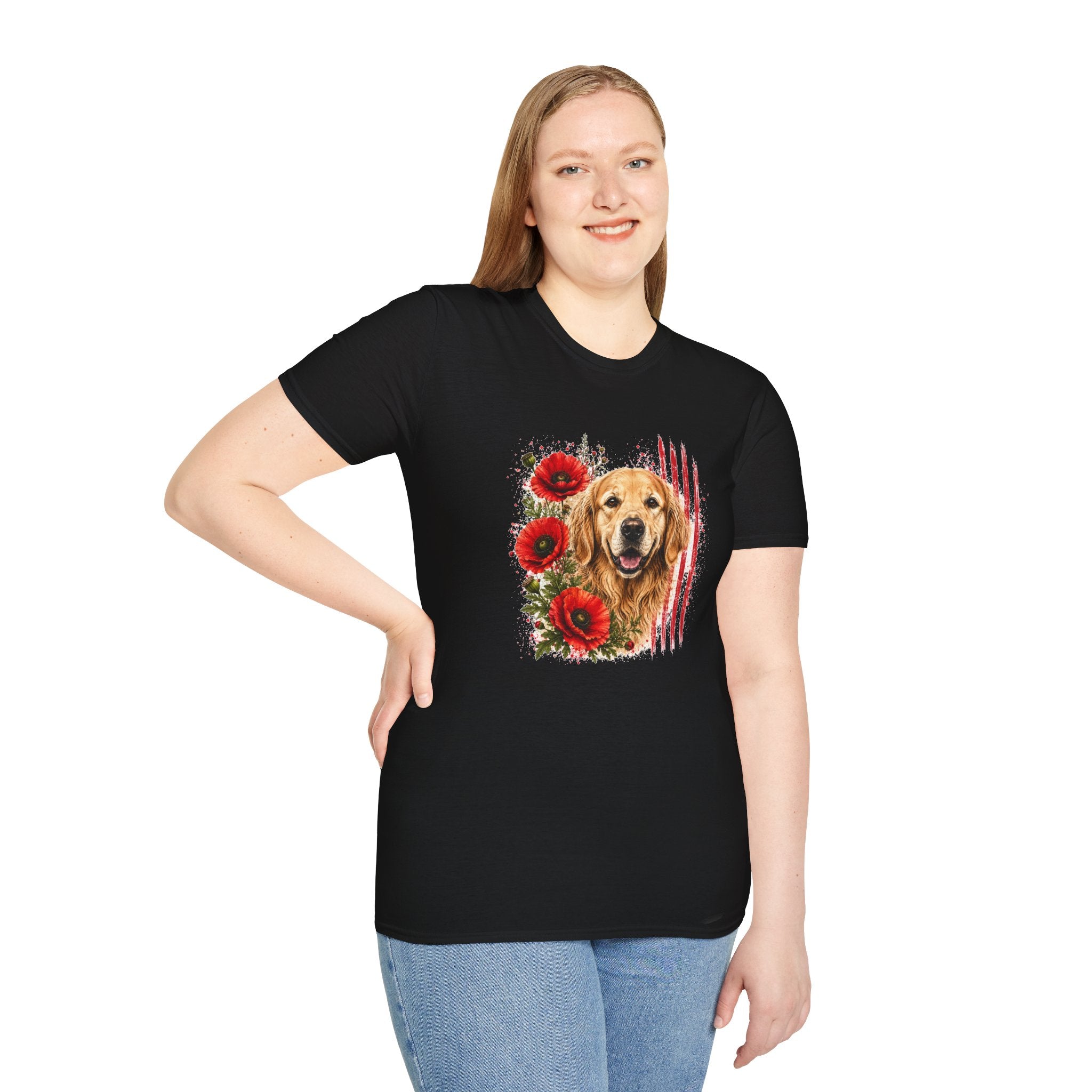 Golden Retriever Poppy T-Shirt | Patriotic Dog Lover Shirt | Golden Retriever Mom Gift | Floral Dog Graphic Tee | Unisex USA Shirt