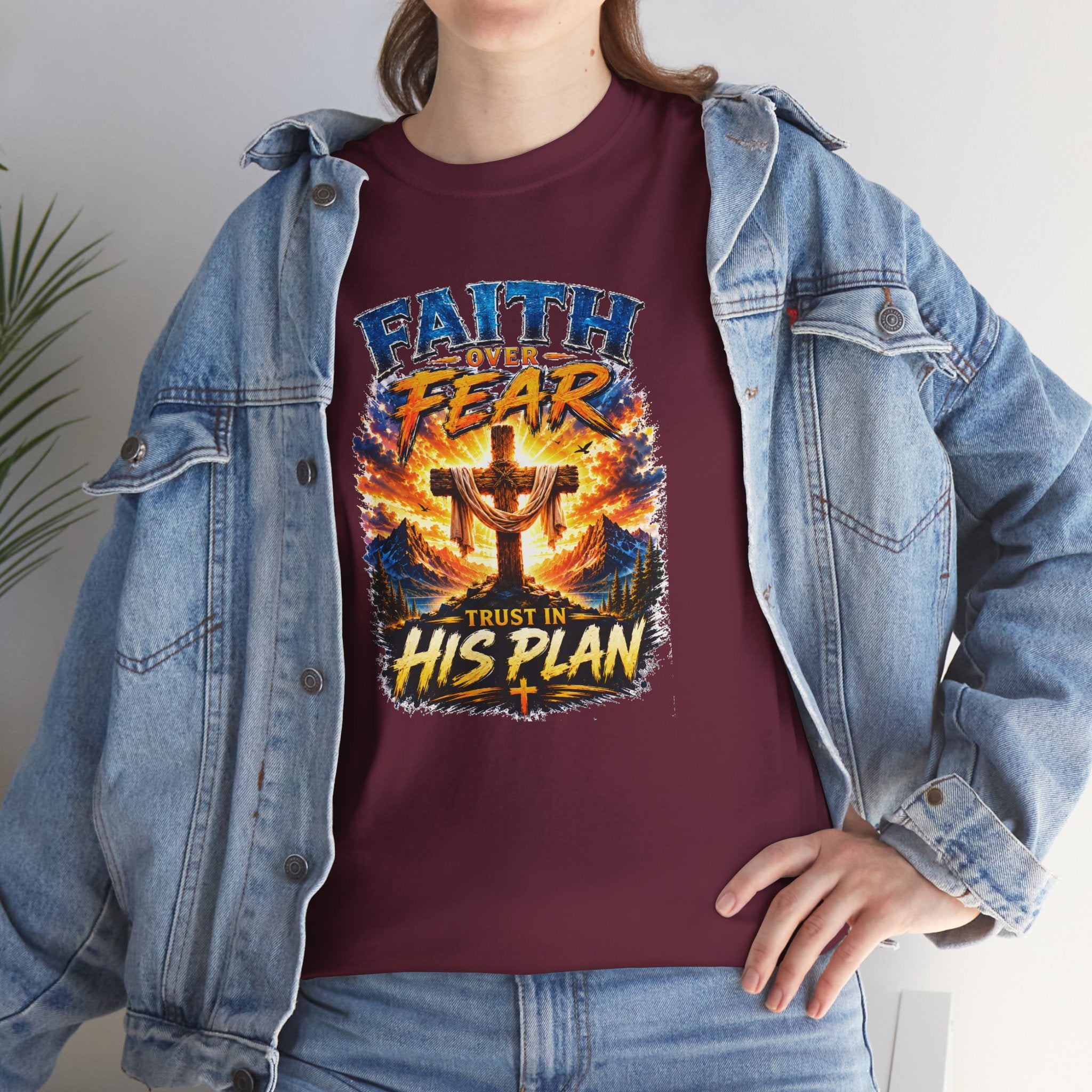 Faith Over Fear Christian T-Shirt | Trust in His Plan Cross Graphic Tee | Religious Unisex Shirt | Christian Gift