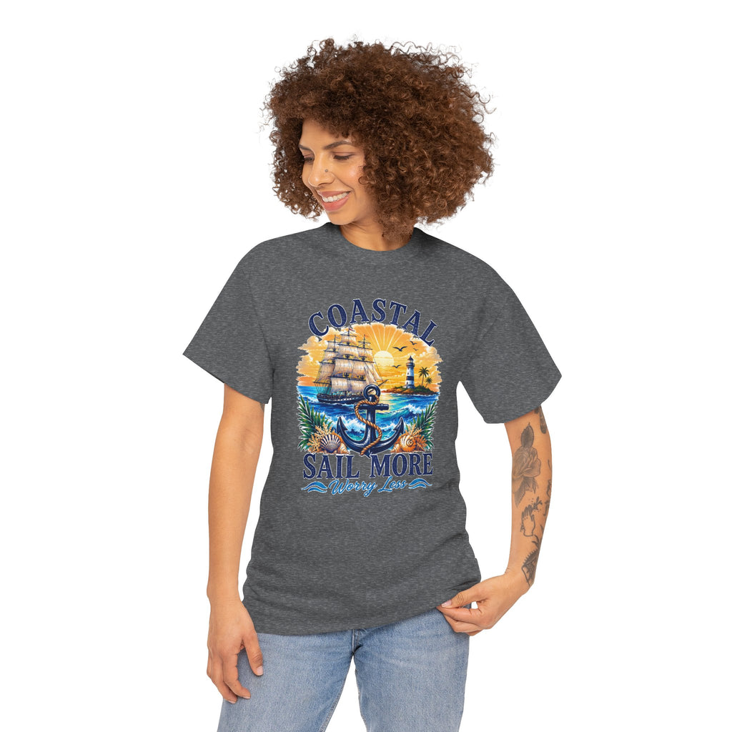 Coastal Sail More Worry Less T-Shirt | Nautical Beach Graphic Tee | Sailing Lover Shirt | Ocean Sunset Gift
