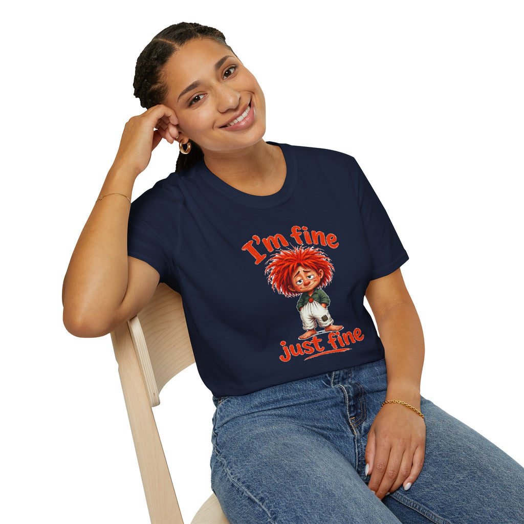 I'm Fine T‑Shirt — Cute Red‑Haired Character Tee ("I'm fine, just fine")