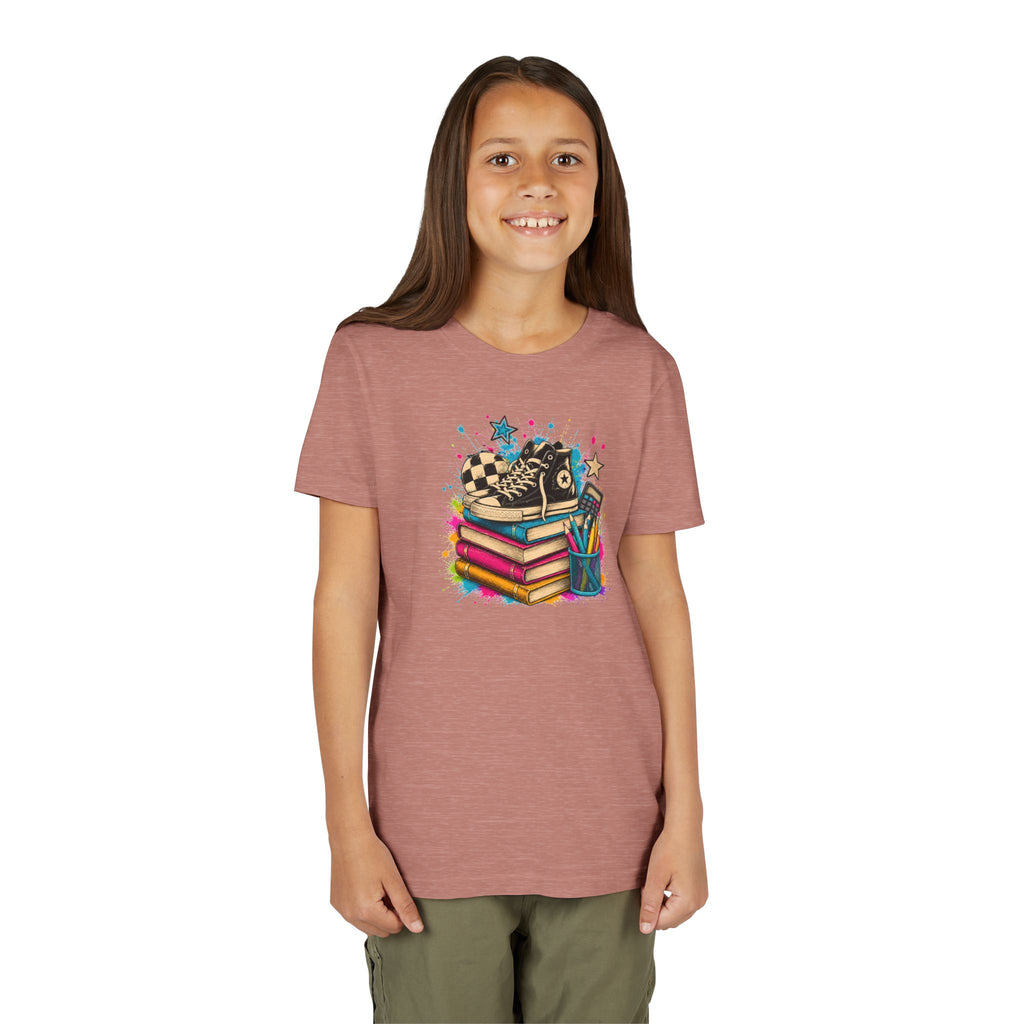 Kids Back-to-School Tee — Colorful Books, Sneakers & Pencils Graphic