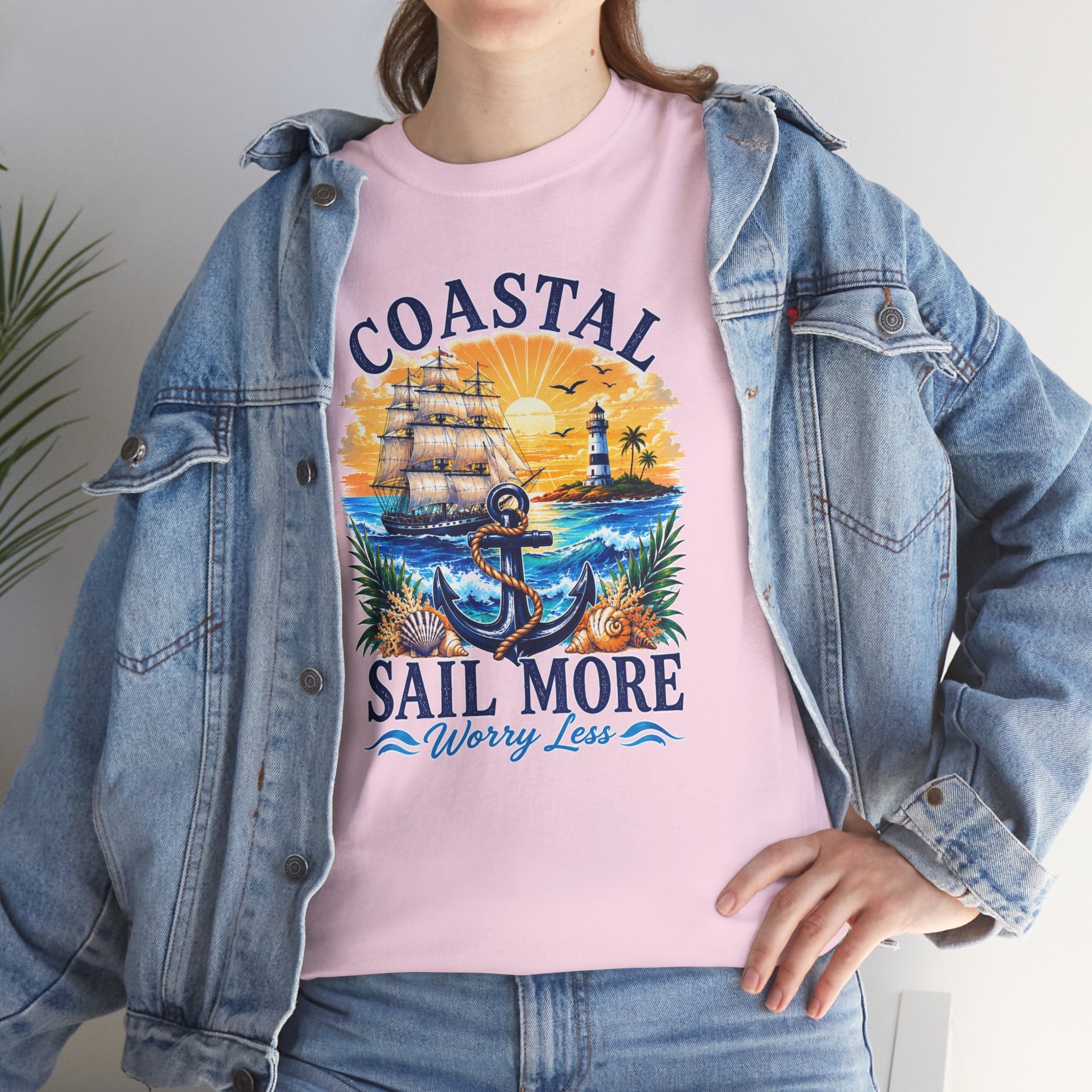 Coastal Sail More Worry Less T-Shirt | Nautical Beach Graphic Tee | Sailing Lover Shirt | Ocean Sunset Gift