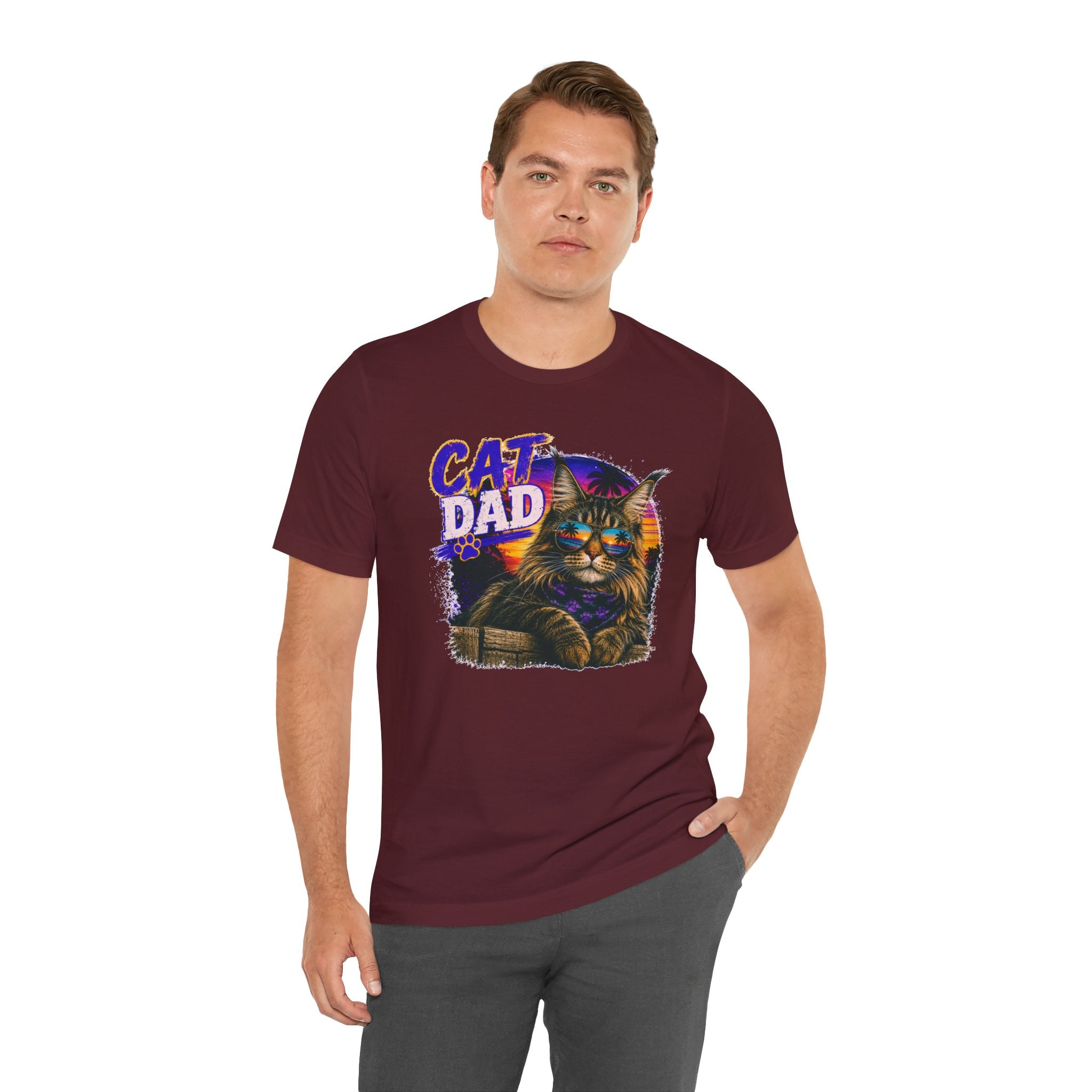 Cat Dad Maine Coon T-Shirt | Retro Sunset Cat Lover Shirt | Funny Cat Dad Gift | Vintage Graphic Tee for Men