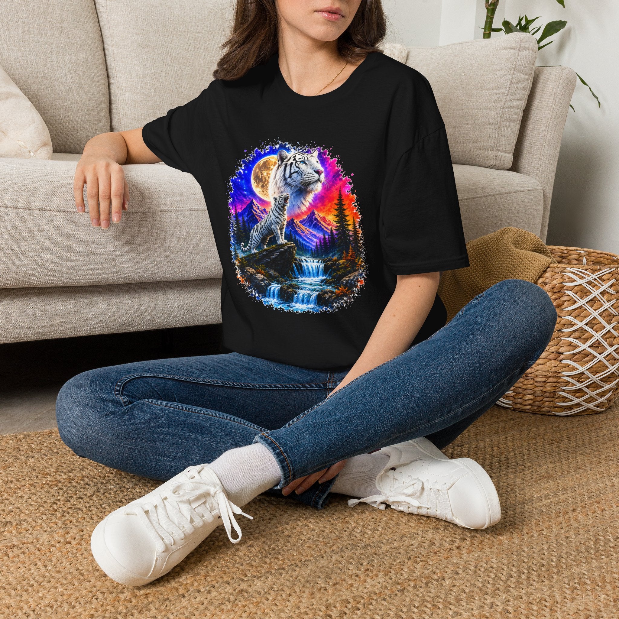 White Tiger Moon T-Shirt | Colorful Wildlife Graphic Tee | Big Cat Lover Gift | Nature Shirt