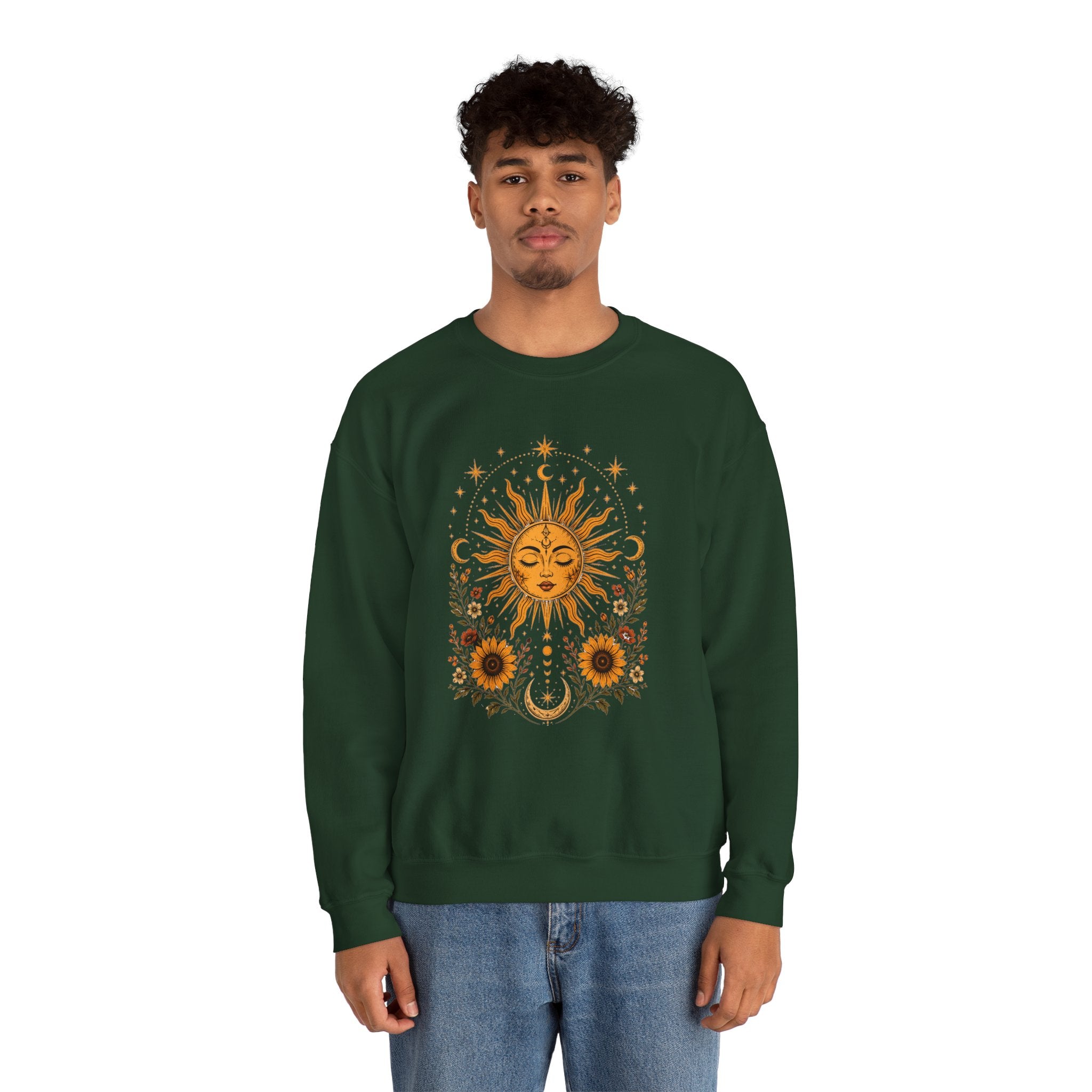 Sun & Sunflower Crewneck Sweatshirt, Boho Celestial Sweatshirt, Vintage Sun Graphic, Cozy Unisex Pullover, Gift for Her