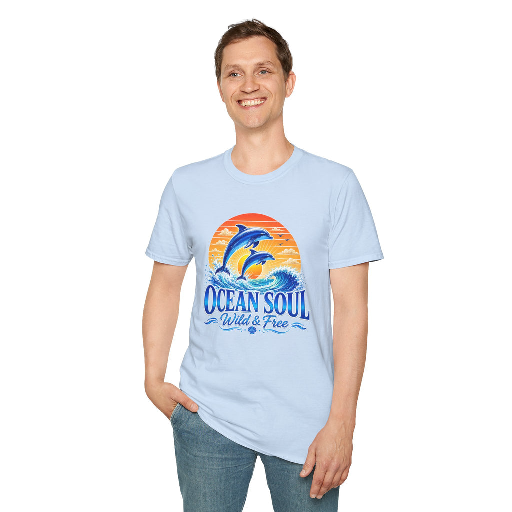 Ocean Soul Dolphin T-Shirt | Wild & Free Beach Tee | Coastal Summer Shirt | Ocean Lover Gift | Dolphin Graphic Unisex Tee