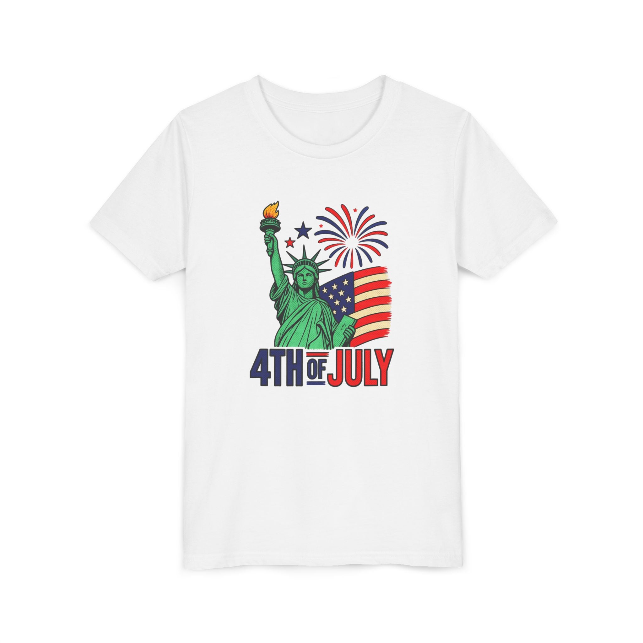 Kids 4th of July T-Shirt – Statue of Liberty, Flag & Fireworks Youth Tee