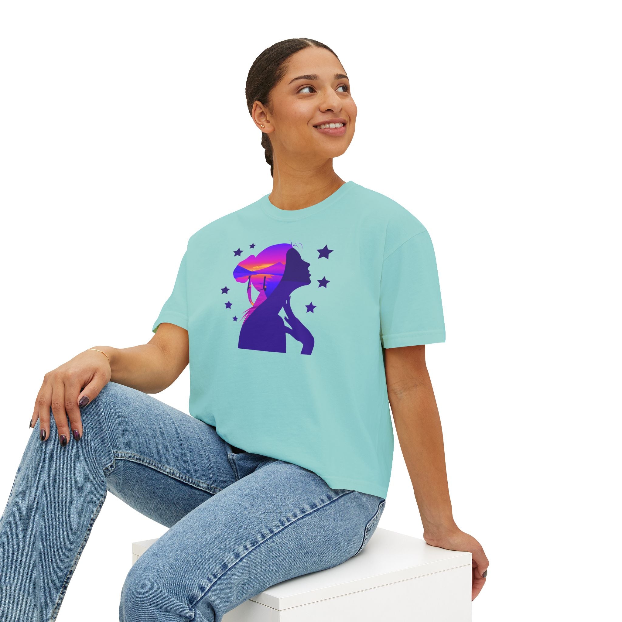 Women's Boxy Tee — Purple Sunset Silhouette Tee for Girls & Teens