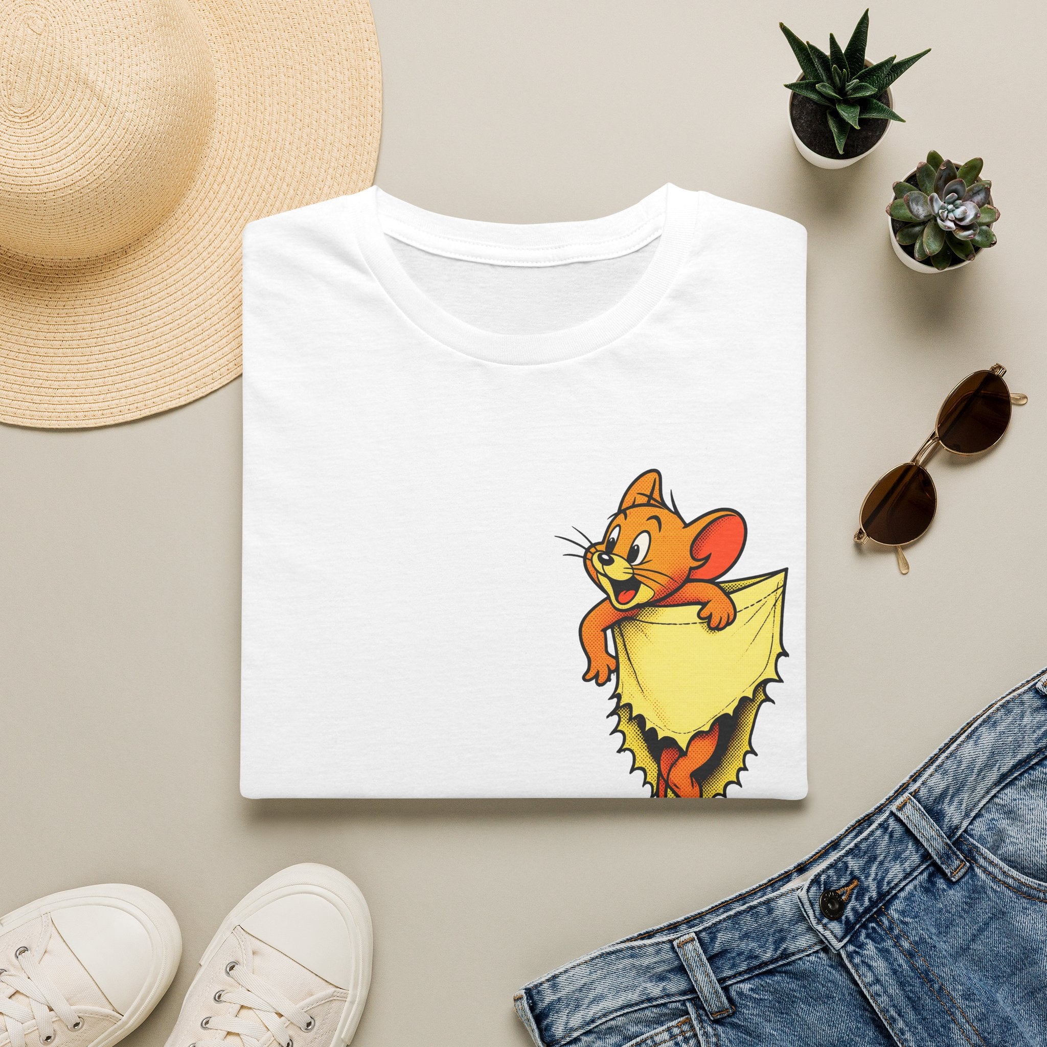 Jerry Pocket Tee — Cute Cartoon Mouse Peeking From Cheese T-Shirt