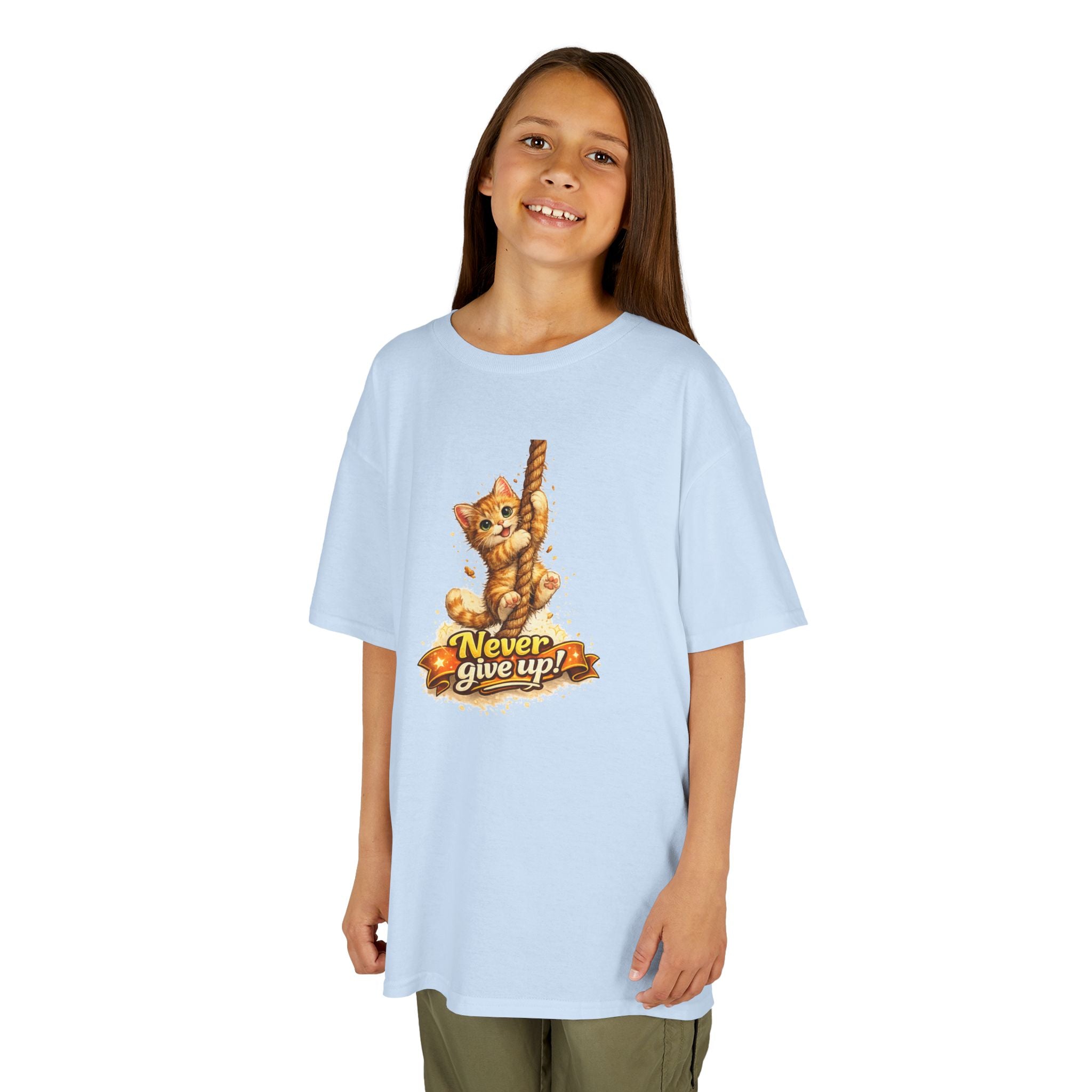 Kids Tee — Cute Climbing Kitten “Never Give Up” Inspirational Shirt