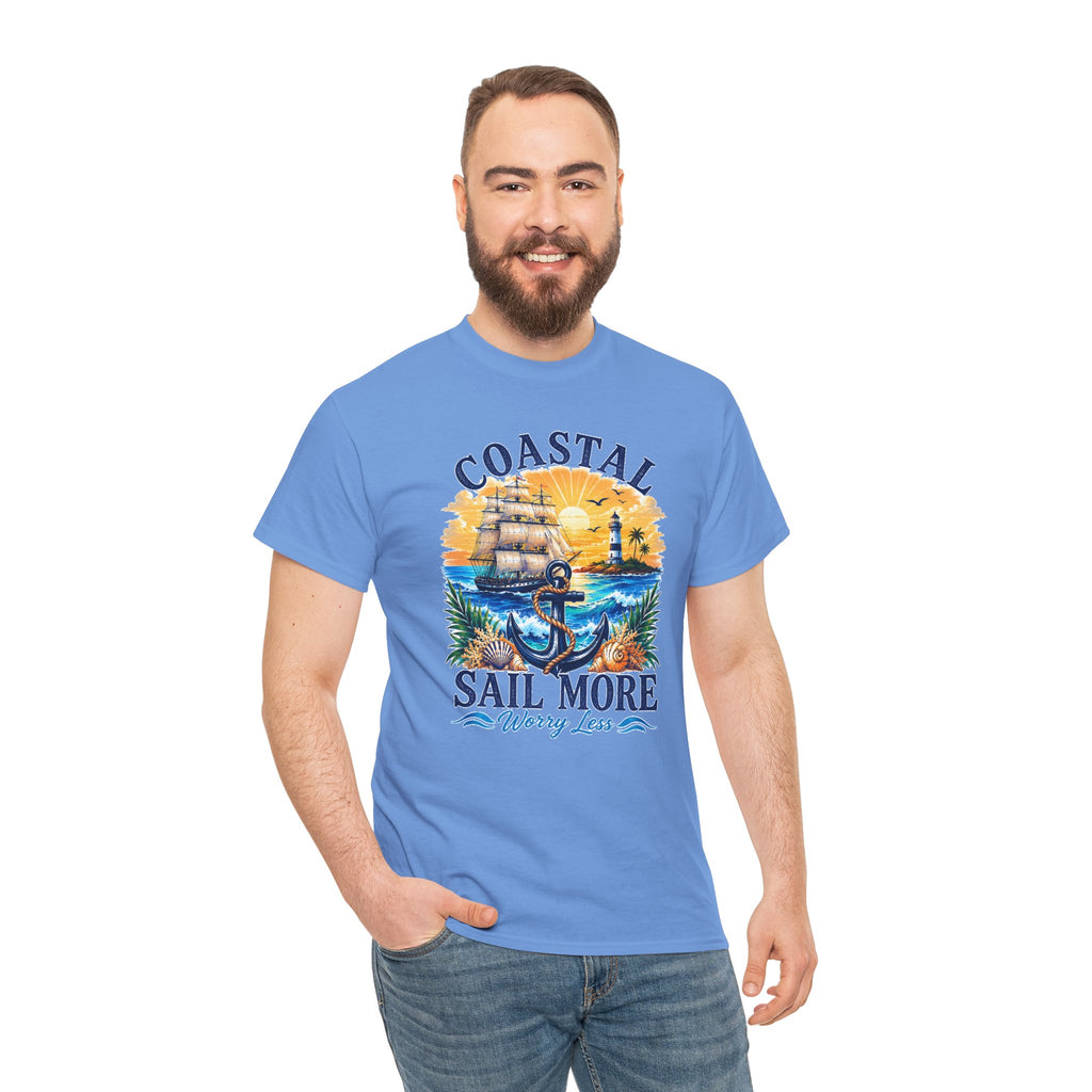 Coastal Sail More Worry Less T-Shirt | Nautical Beach Graphic Tee | Sailing Lover Shirt | Ocean Sunset Gift