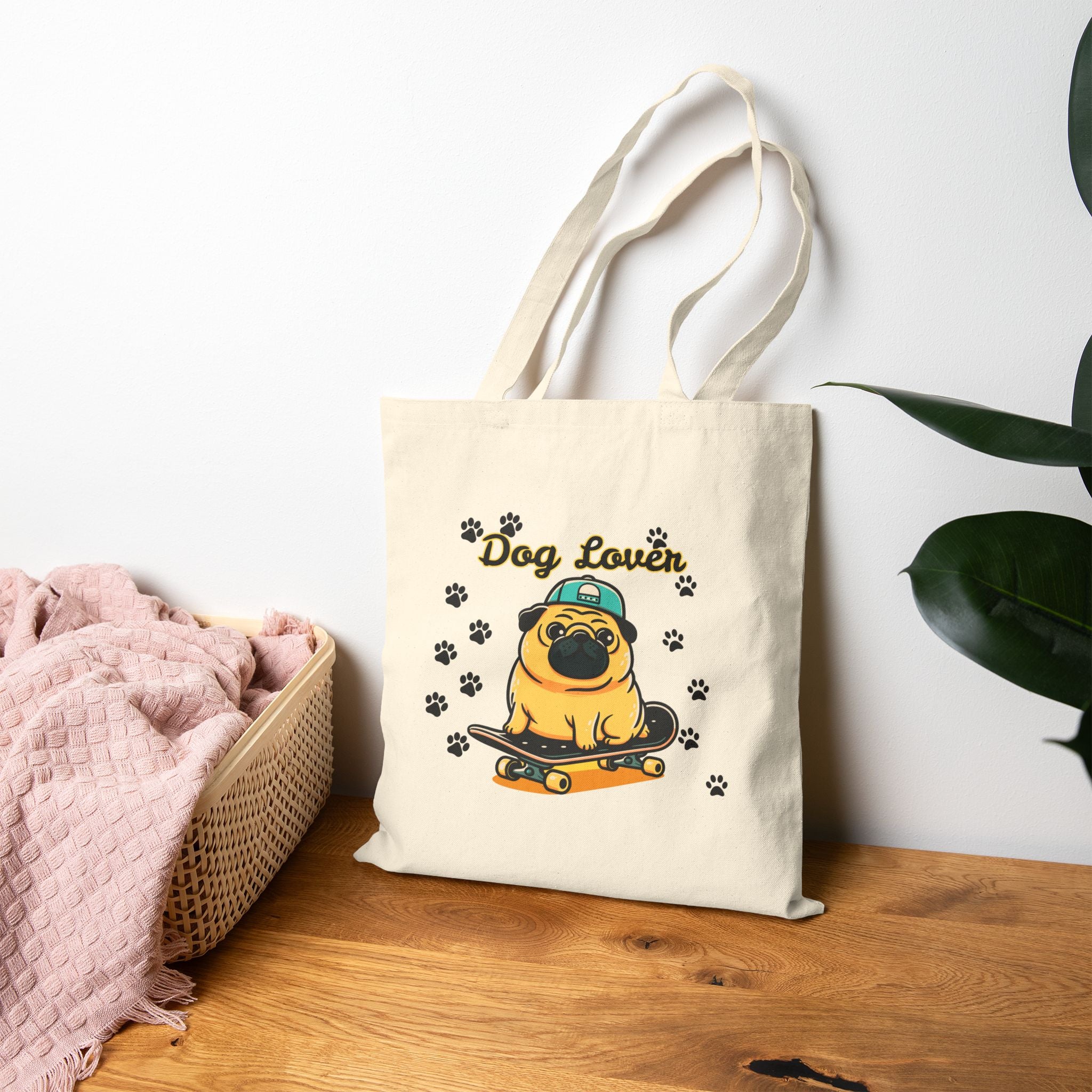 Dog Lover Tote Bag — Cute Pug on Skateboard Canvas Tote
