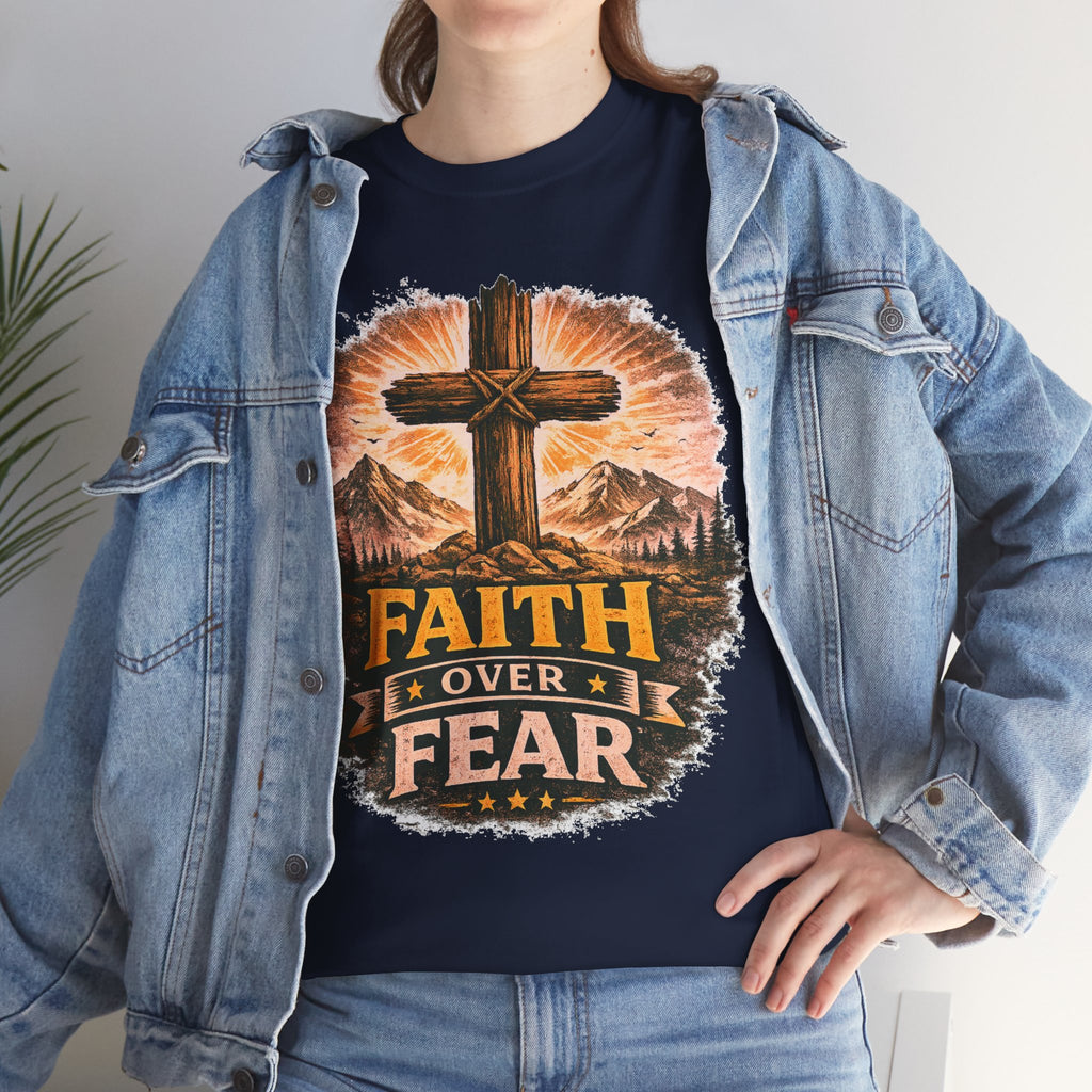 Faith Over Fear T-Shirt | Christian Cross Shirt | Religious Graphic Tee | Bible Verse Gift | Men's Faith Shirt