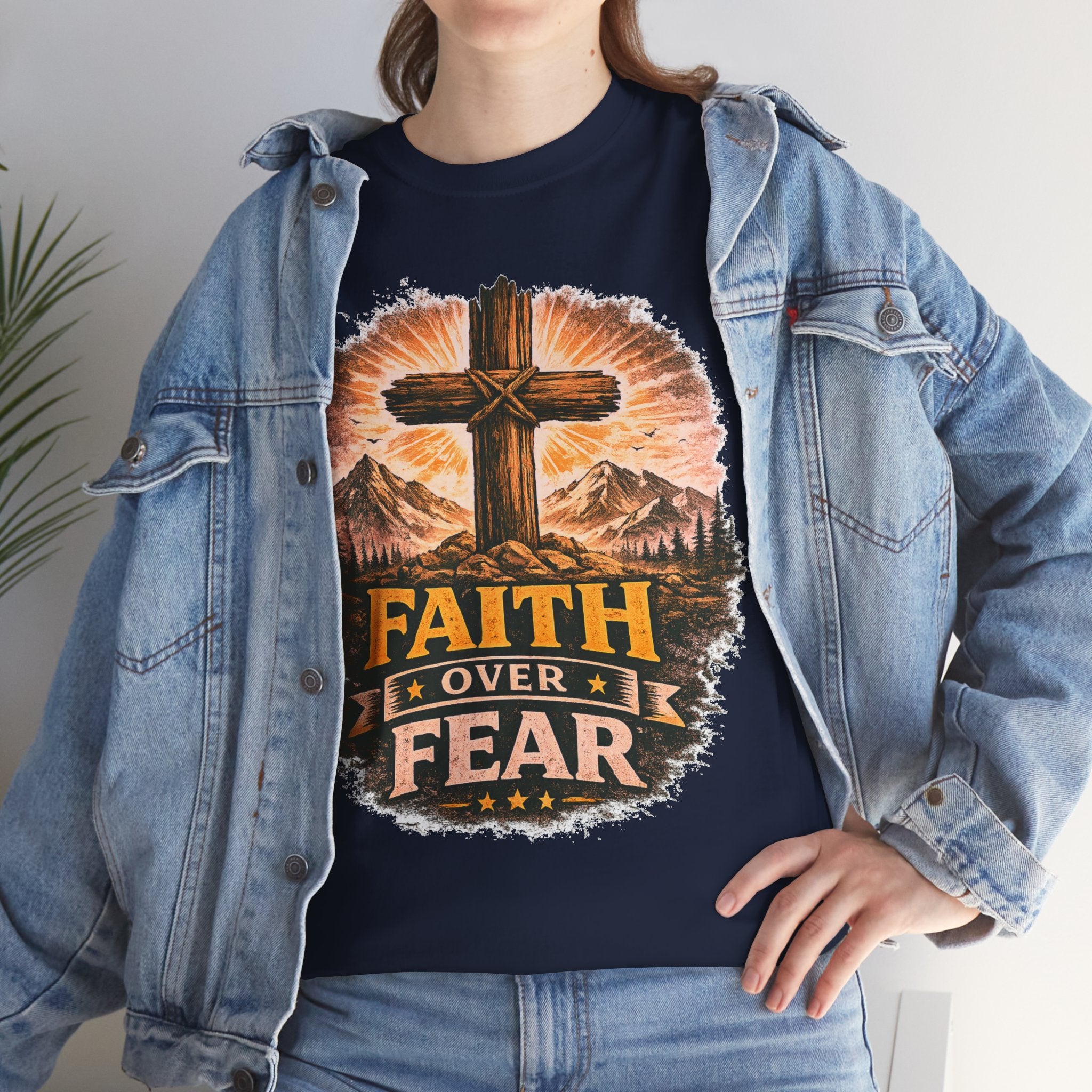 Faith Over Fear T-Shirt | Christian Cross Shirt | Religious Graphic Tee | Bible Verse Gift | Men's Faith Shirt