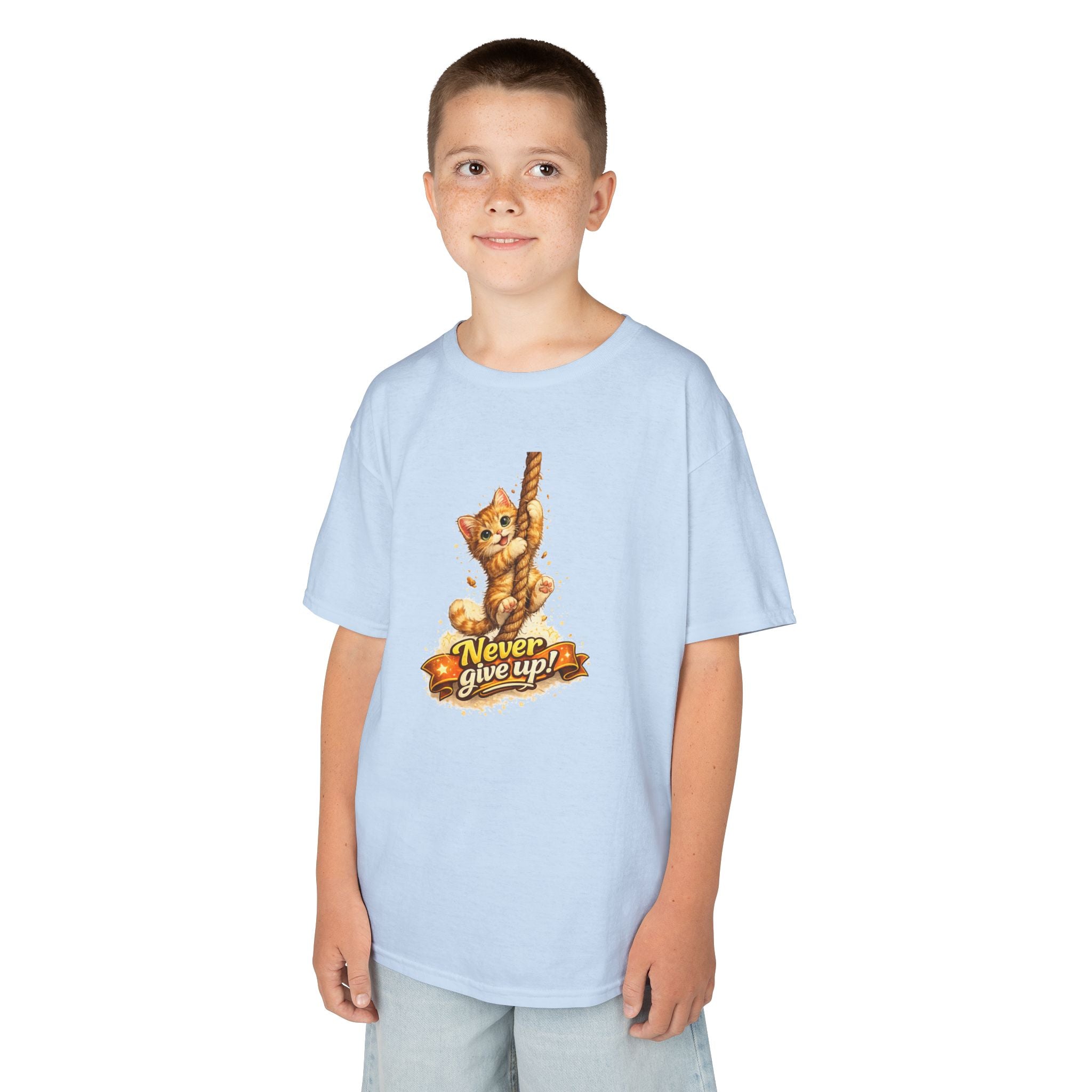 Kids Tee — Cute Climbing Kitten “Never Give Up” Inspirational Shirt
