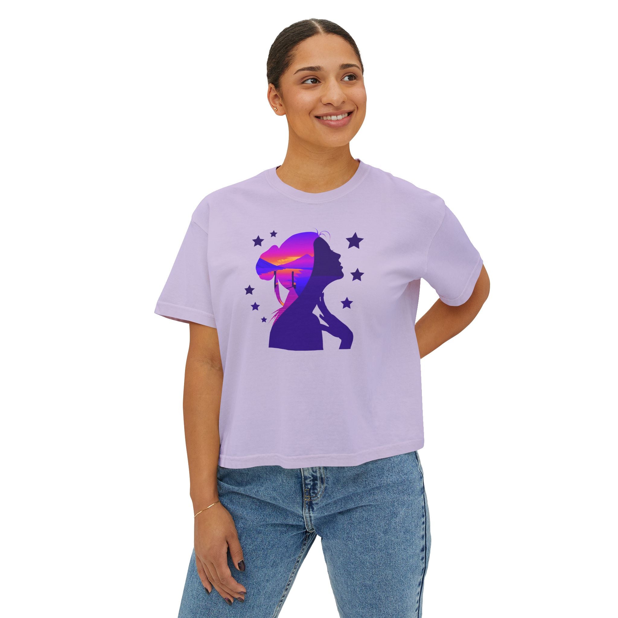Women's Boxy Tee — Purple Sunset Silhouette Tee for Girls & Teens