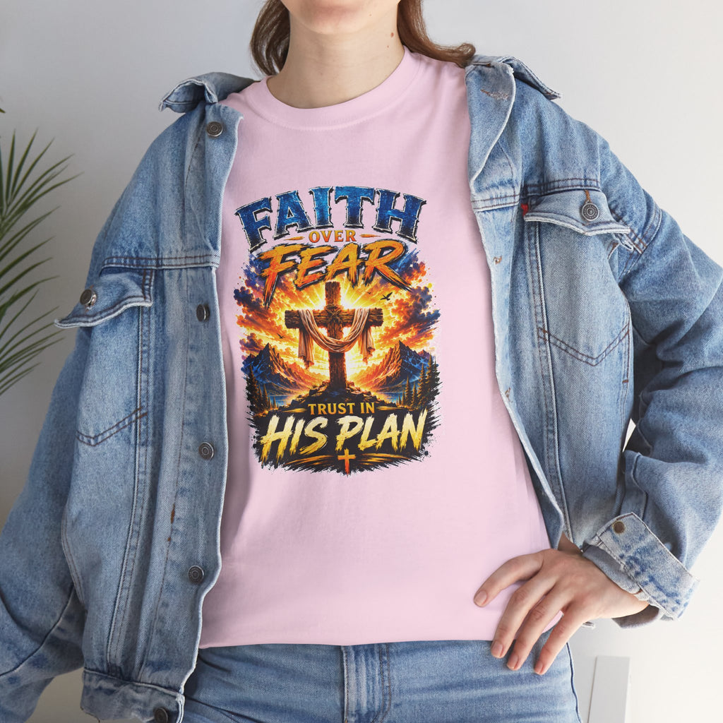 Faith Over Fear Christian T-Shirt | Trust in His Plan Cross Graphic Tee | Religious Unisex Shirt | Christian Gift