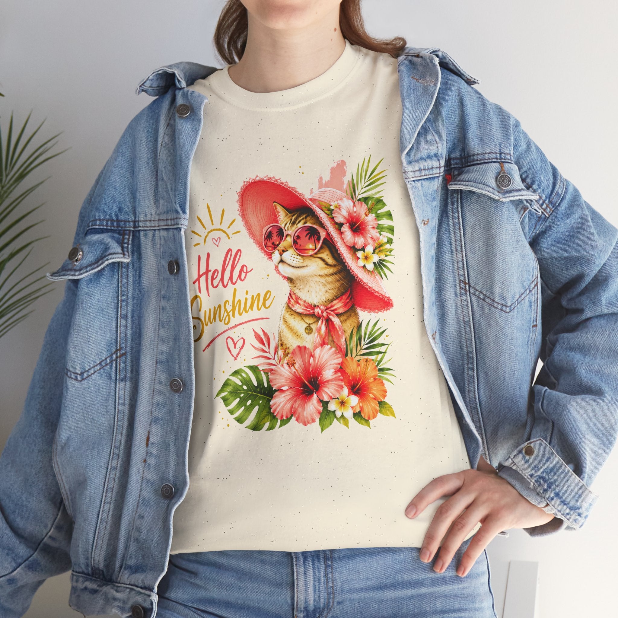 Hello Sunshine Cat Shirt | Cute Floral Cat T-Shirt | Tropical Summer Kitty Tee | Cat Lover Gift | Cute Women's Graphic Tee