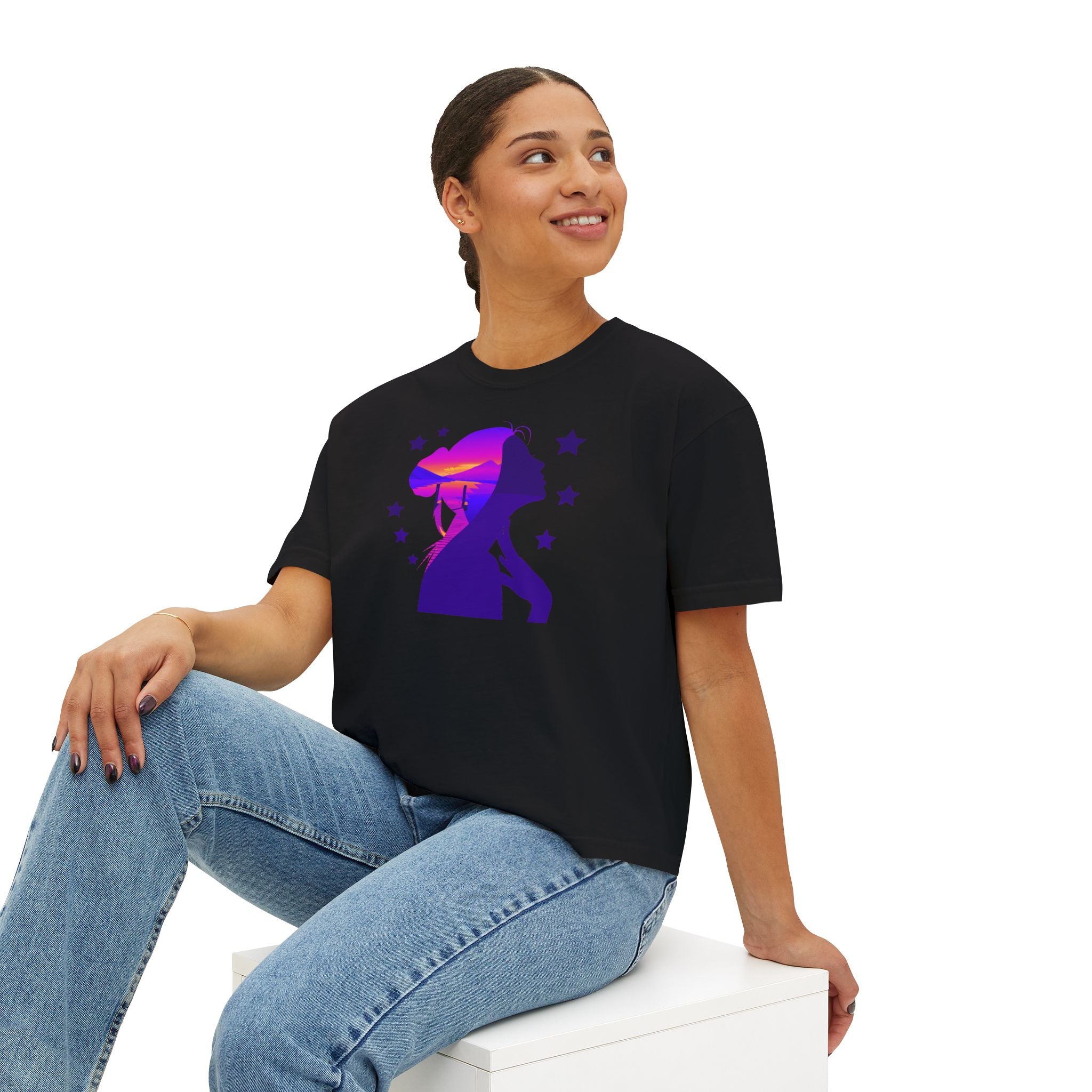 Women's Boxy Tee — Purple Sunset Silhouette Tee for Girls & Teens