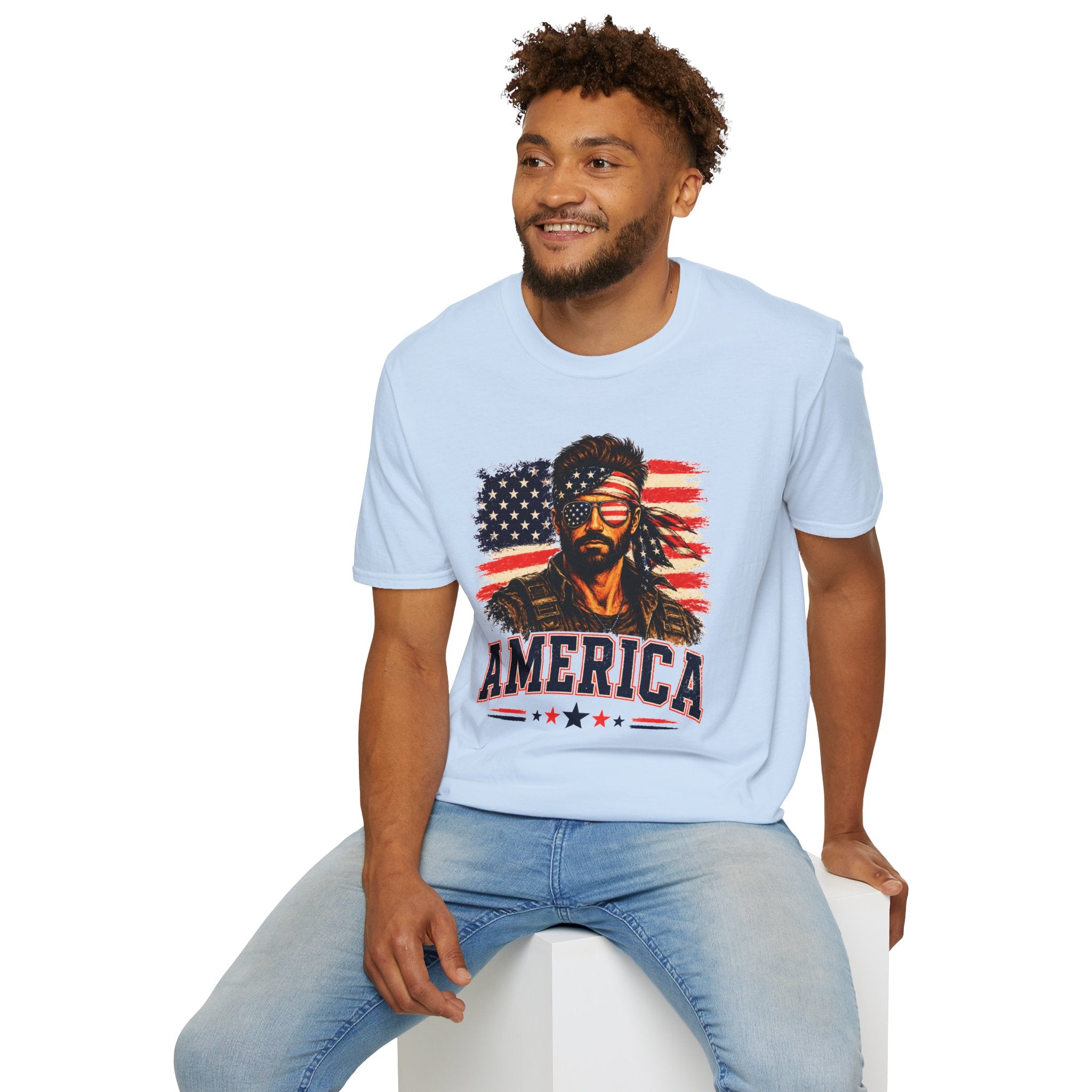 Patriotic Bandana Man T-Shirt — USA Flag Graphic Tee ("America")