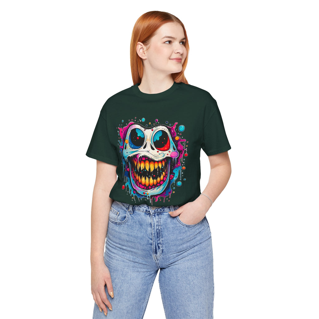 Unisex Skull Smile Tee -Vibrant Neon Drip Horror Graphic T Shirt
