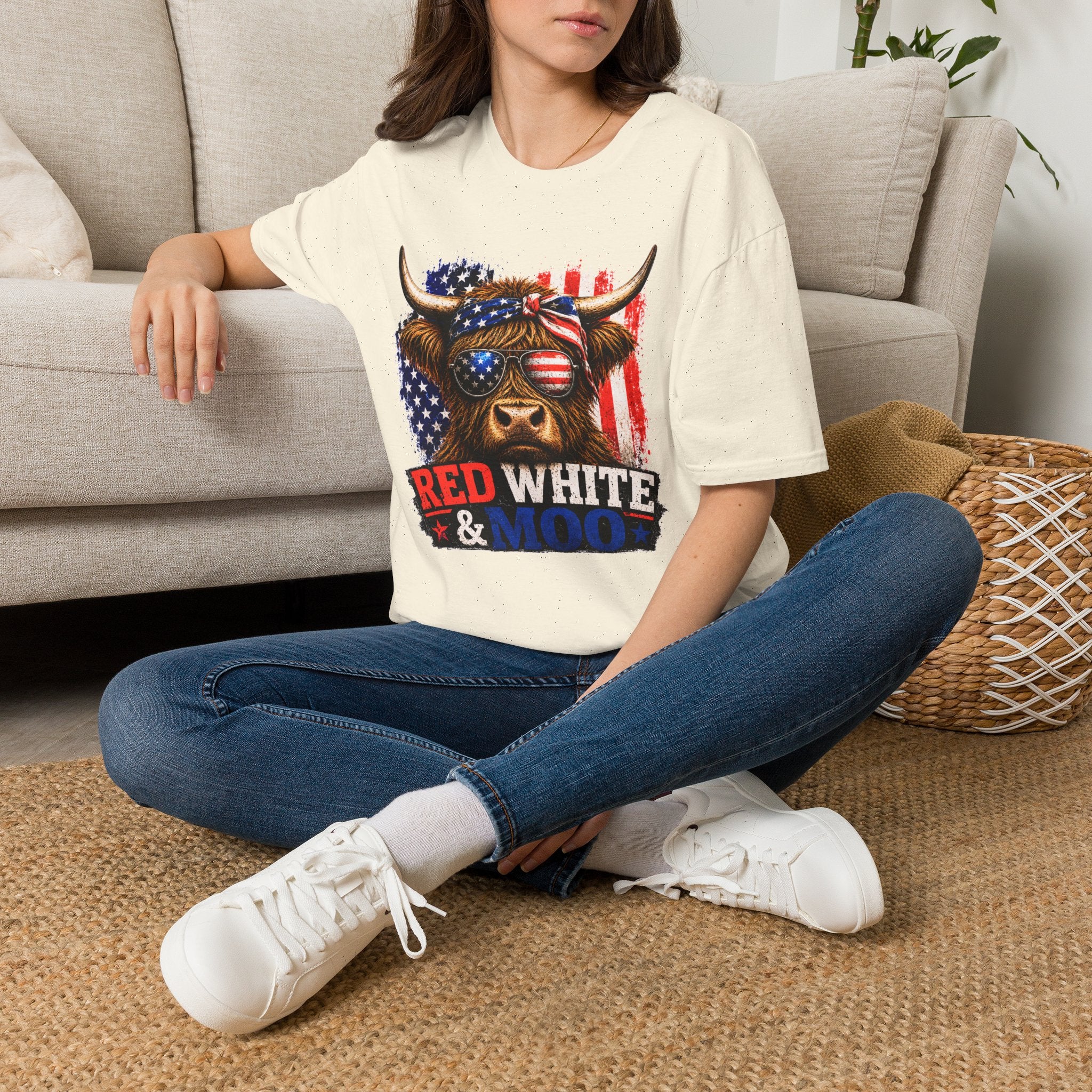 Patriotic Cow Graphic T-Shirt — "Red White & Moo" American Flag Tee