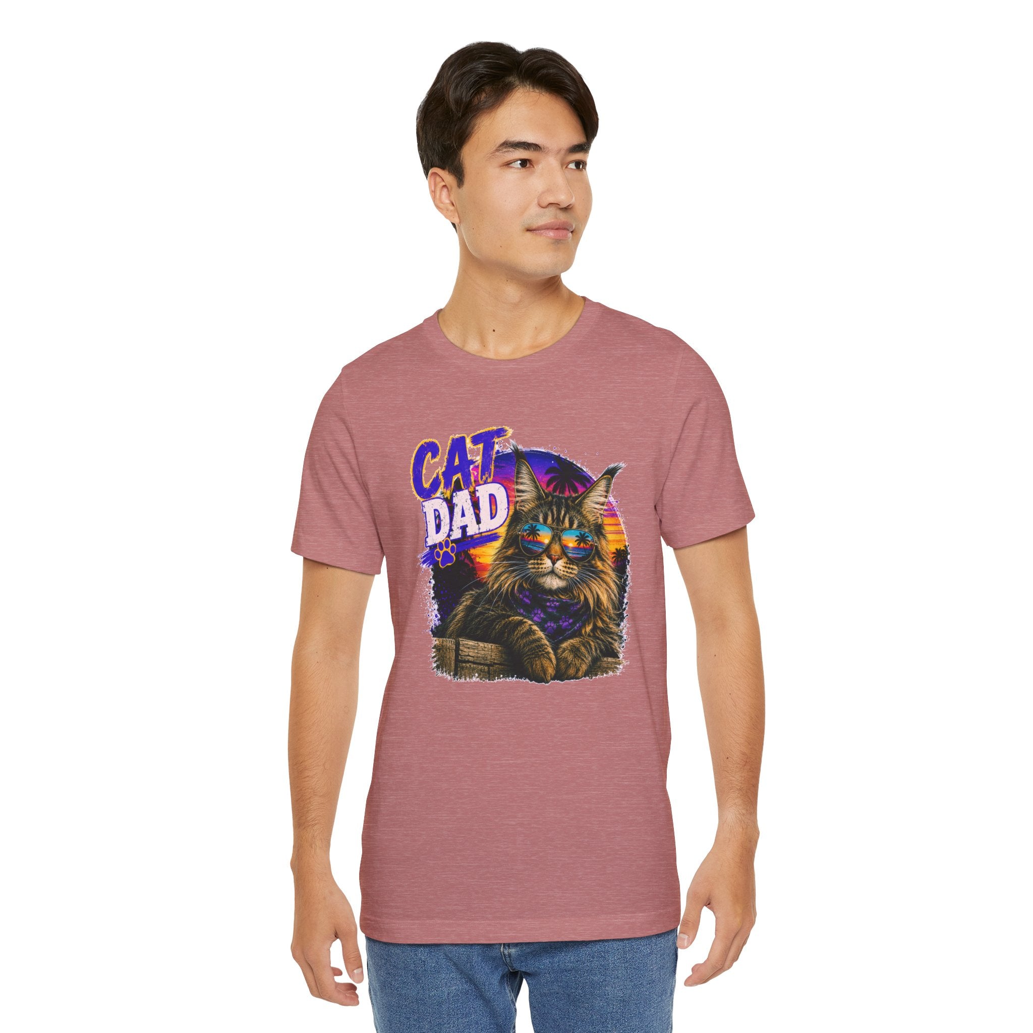 Cat Dad Maine Coon T-Shirt | Retro Sunset Cat Lover Shirt | Funny Cat Dad Gift | Vintage Graphic Tee for Men