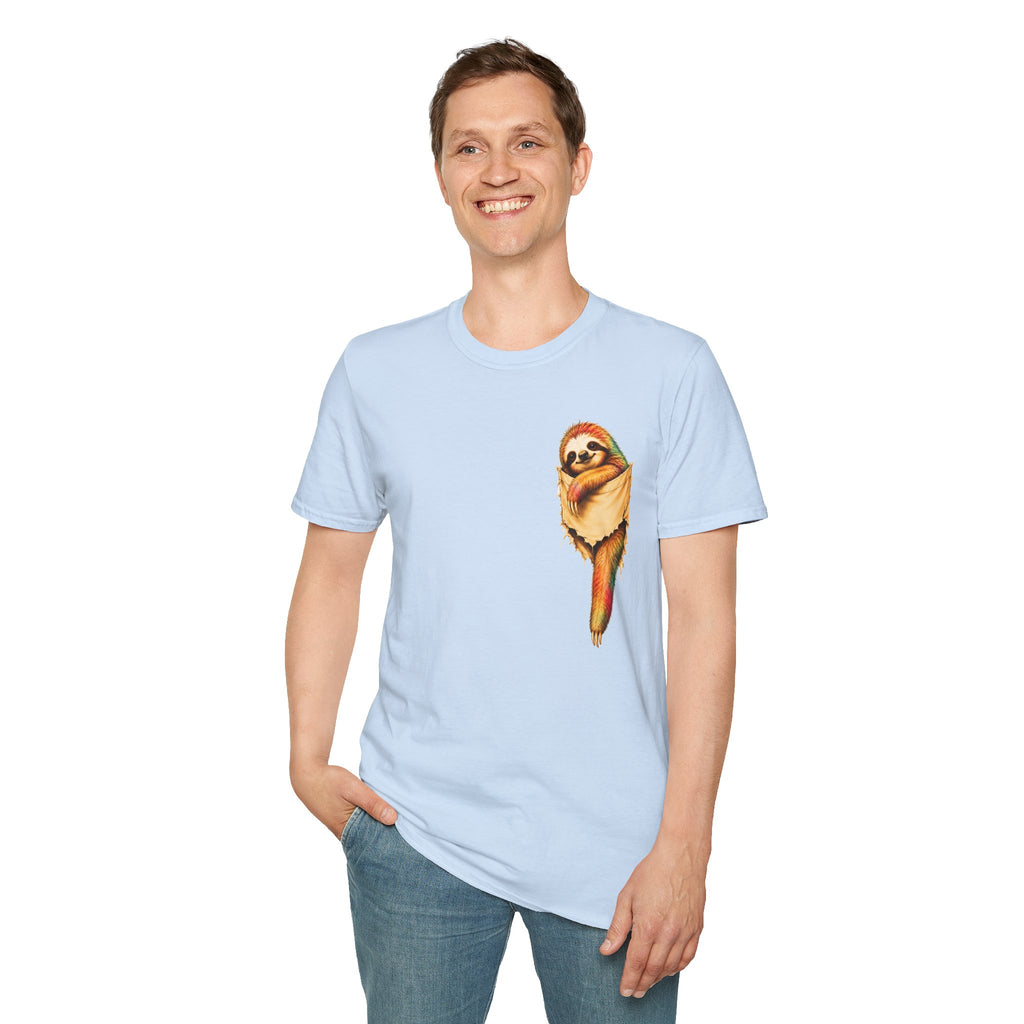Sloth Pocket Tee — Cute Hugging Sloth Graphic T-Shirt