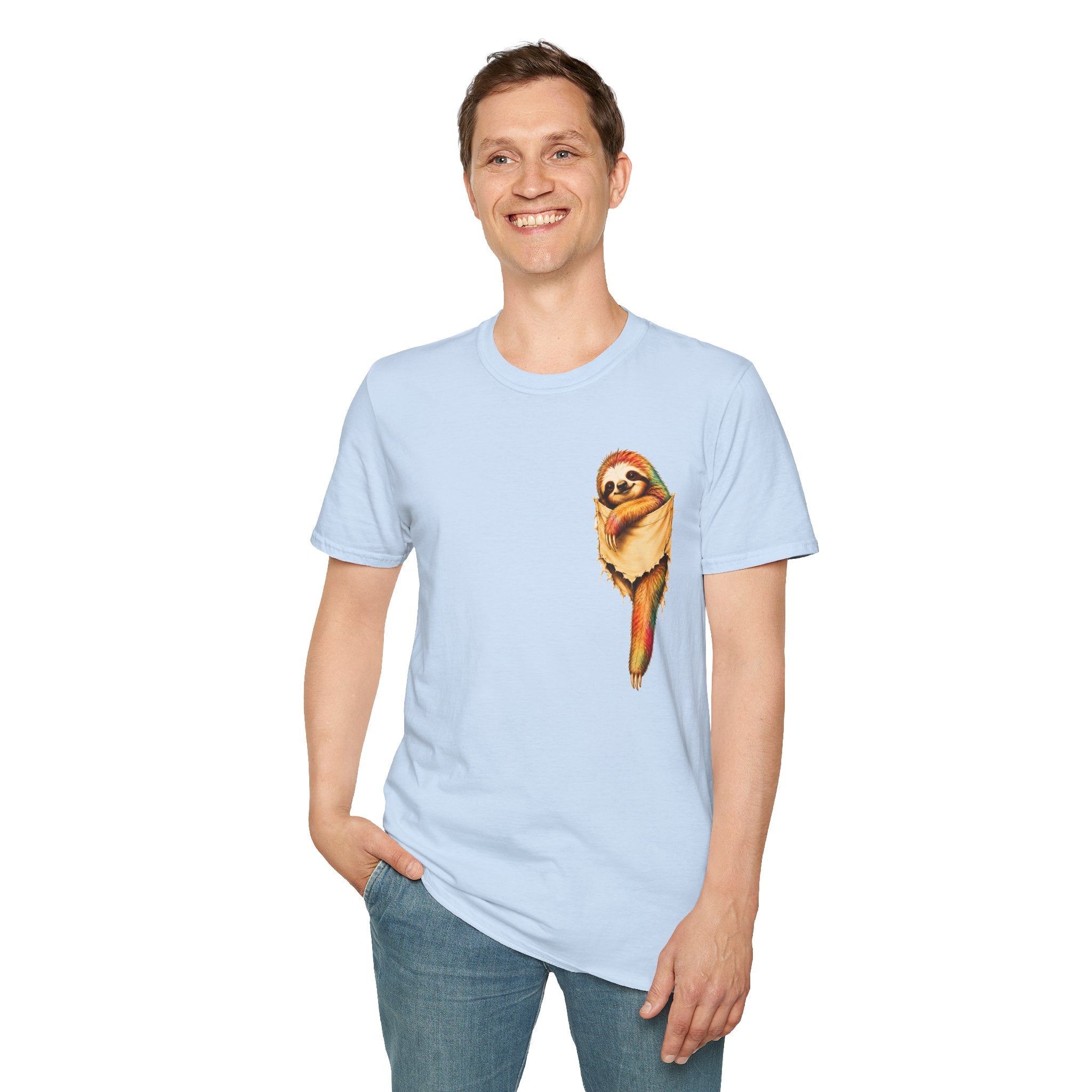 Sloth Pocket Tee — Cute Hugging Sloth Graphic T-Shirt