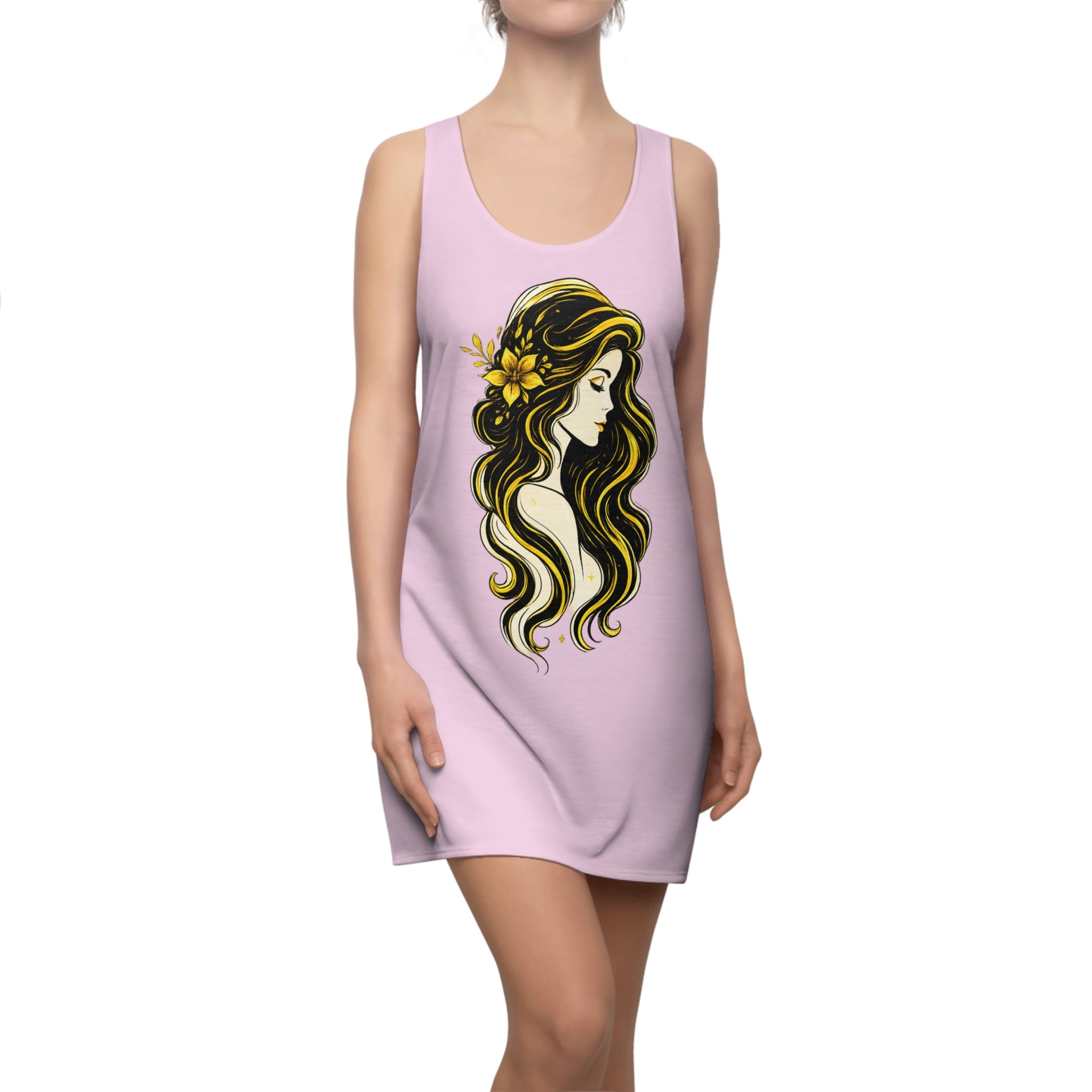 Pink Boho Tank Dress, Floral Goddess Dress, Racerback Summer Dress, Cute Graphic Dress, Casual Beach Dress, Gift for Her