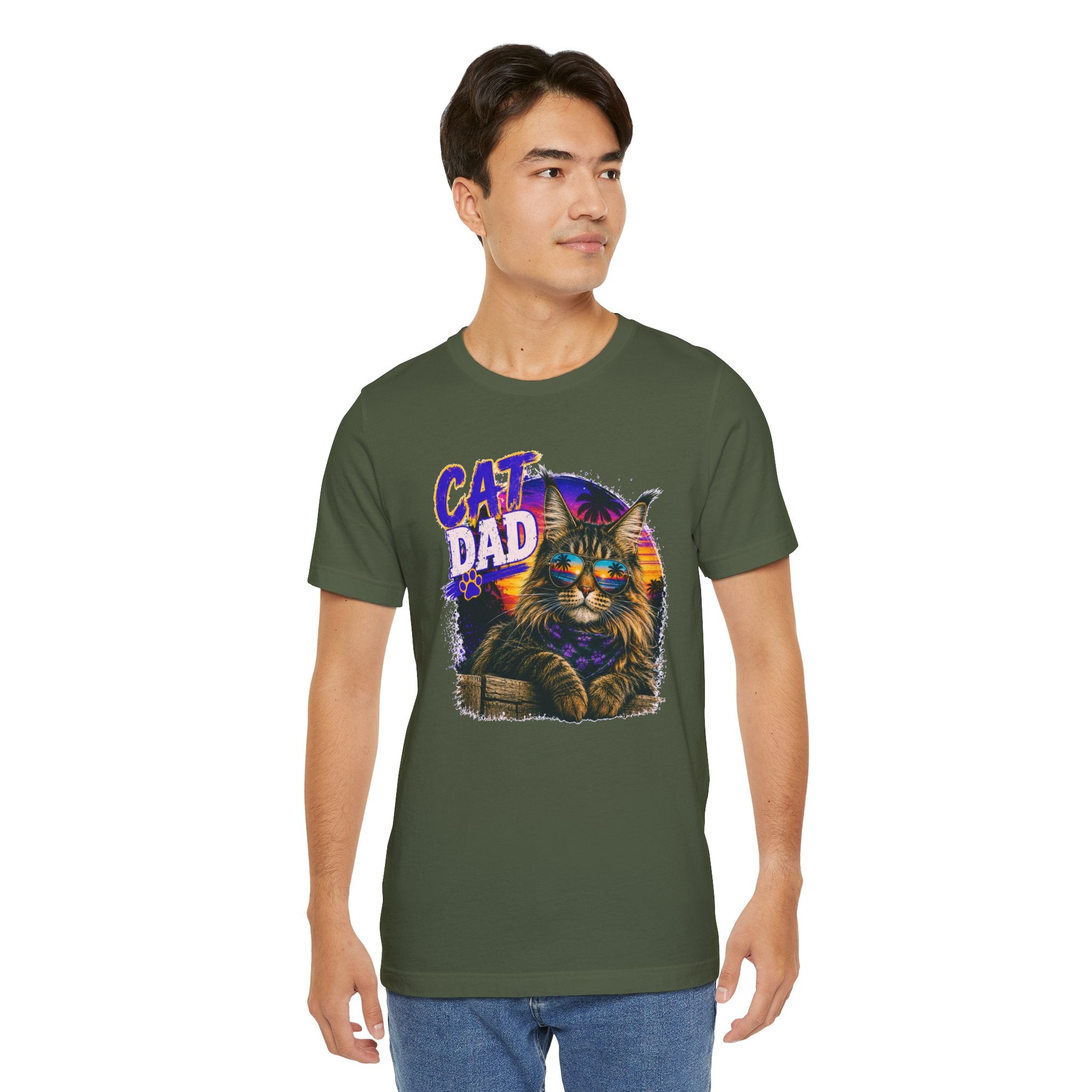 Cat Dad Maine Coon T-Shirt | Retro Sunset Cat Lover Shirt | Funny Cat Dad Gift | Vintage Graphic Tee for Men