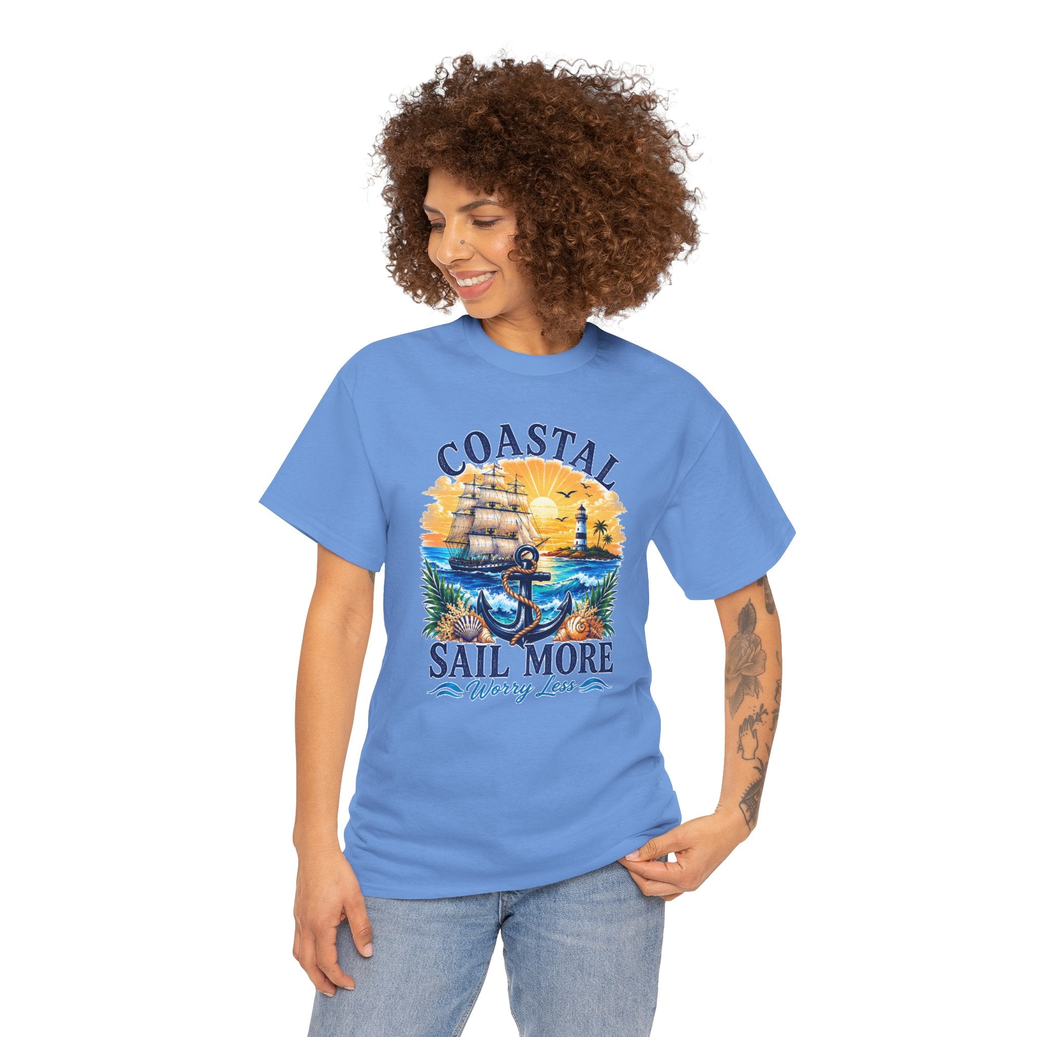 Coastal Sail More Worry Less T-Shirt | Nautical Beach Graphic Tee | Sailing Lover Shirt | Ocean Sunset Gift