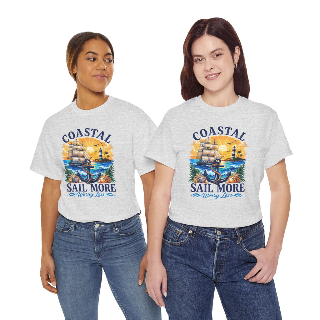 Coastal Sail More Worry Less T-Shirt | Nautical Beach Graphic Tee | Sailing Lover Shirt | Ocean Sunset Gift