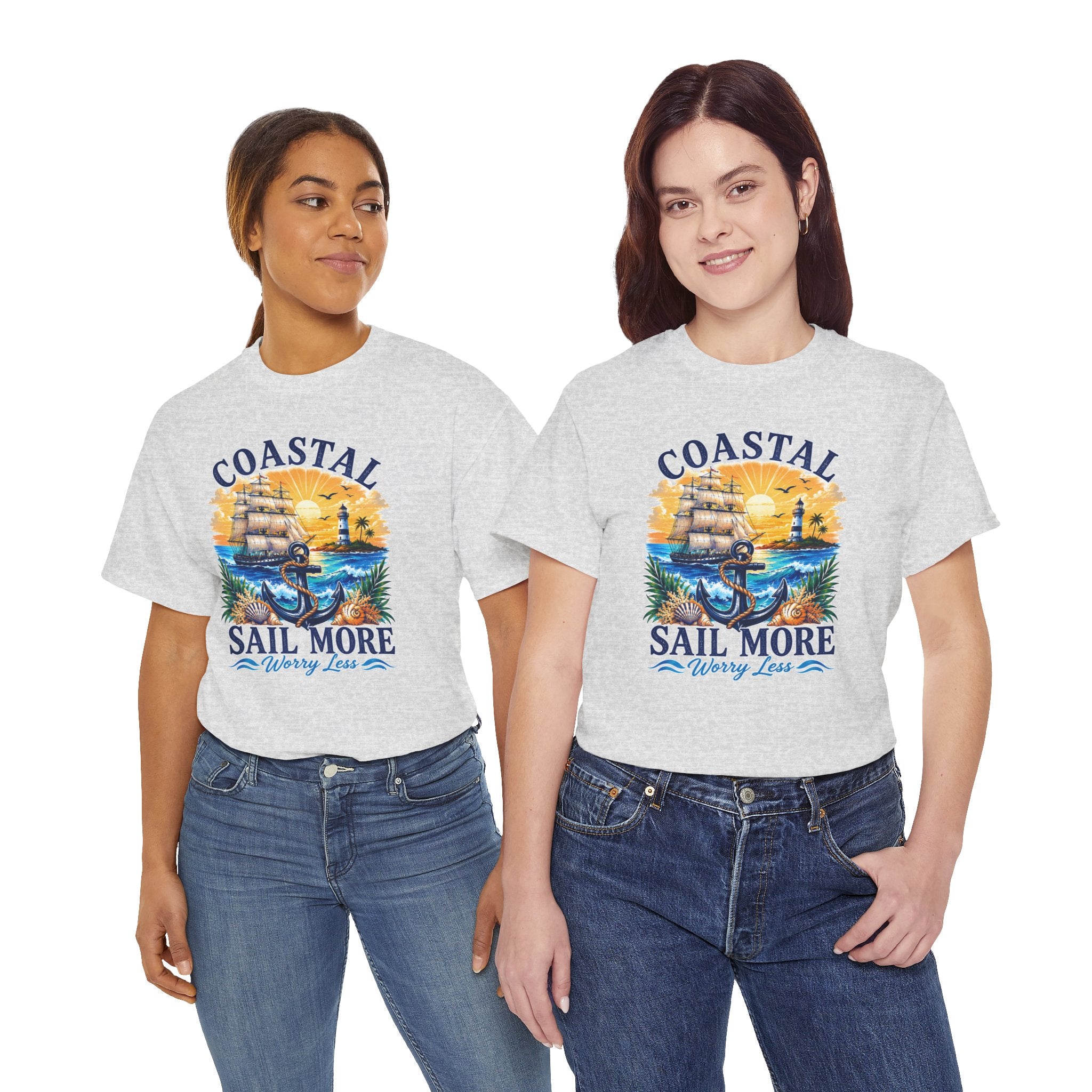 Coastal Sail More Worry Less T-Shirt | Nautical Beach Graphic Tee | Sailing Lover Shirt | Ocean Sunset Gift