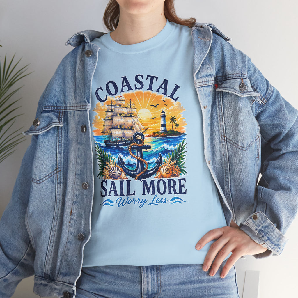 Coastal Sail More Worry Less T-Shirt | Nautical Beach Graphic Tee | Sailing Lover Shirt | Ocean Sunset Gift