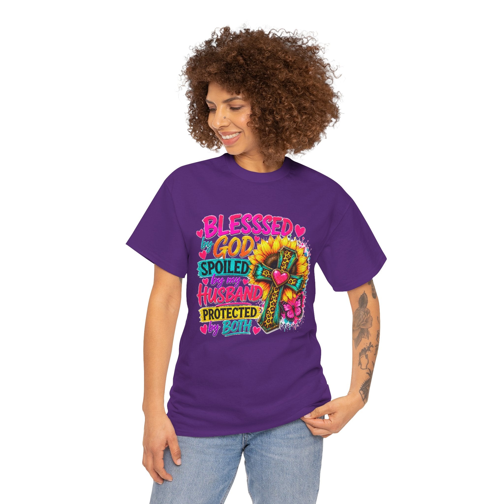 Blessed by God Spoiled by My Husband Tee — Christian Cross Floral Women's Shirt