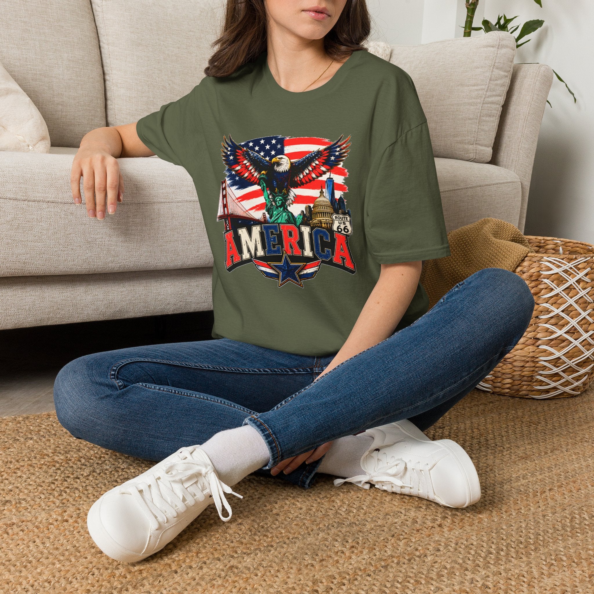 America Eagle Graphic T-Shirt — Patriotic USA Flag & Landmarks Tee (Statue of Liberty, Golden Gate, Capitol, Route 66)