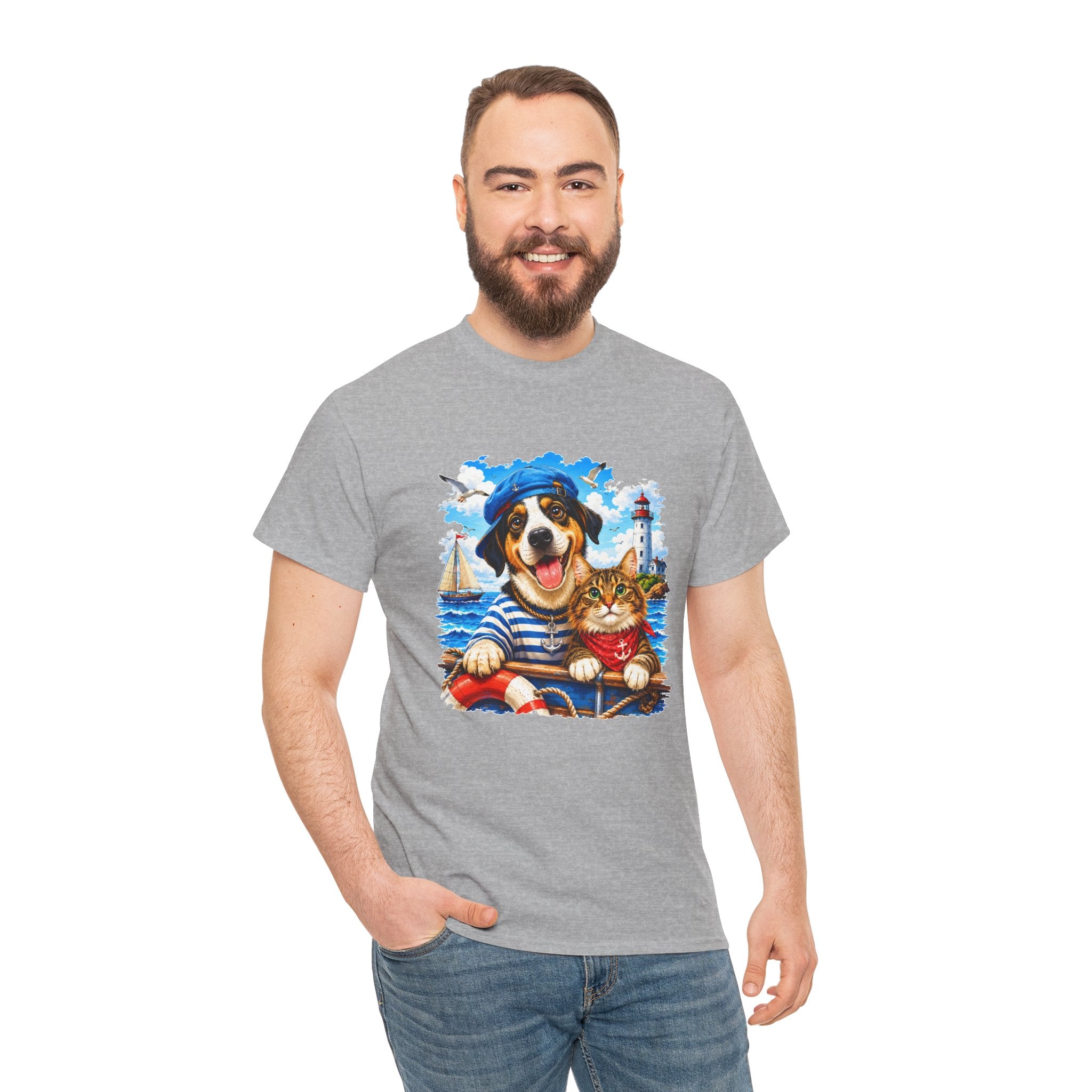 Nautical Dog & Cat T-Shirt | Sailor Pet Graphic Tee | Coastal Animal Lover Shirt | Beach Dog Cat Gift