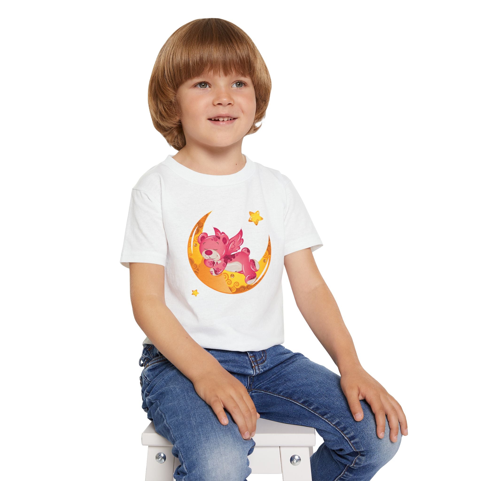 Cute Sleeping Pink Baby Dragon on Moon Toddler T-Shirt | Nursery Kids Tee | Soft Cotton Toddler Shirt