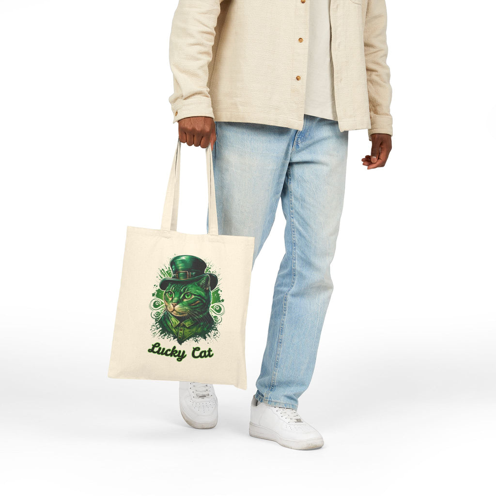Lucky Cat Tote Bag – St. Patrick’s Day Green Kitty Canvas Tote