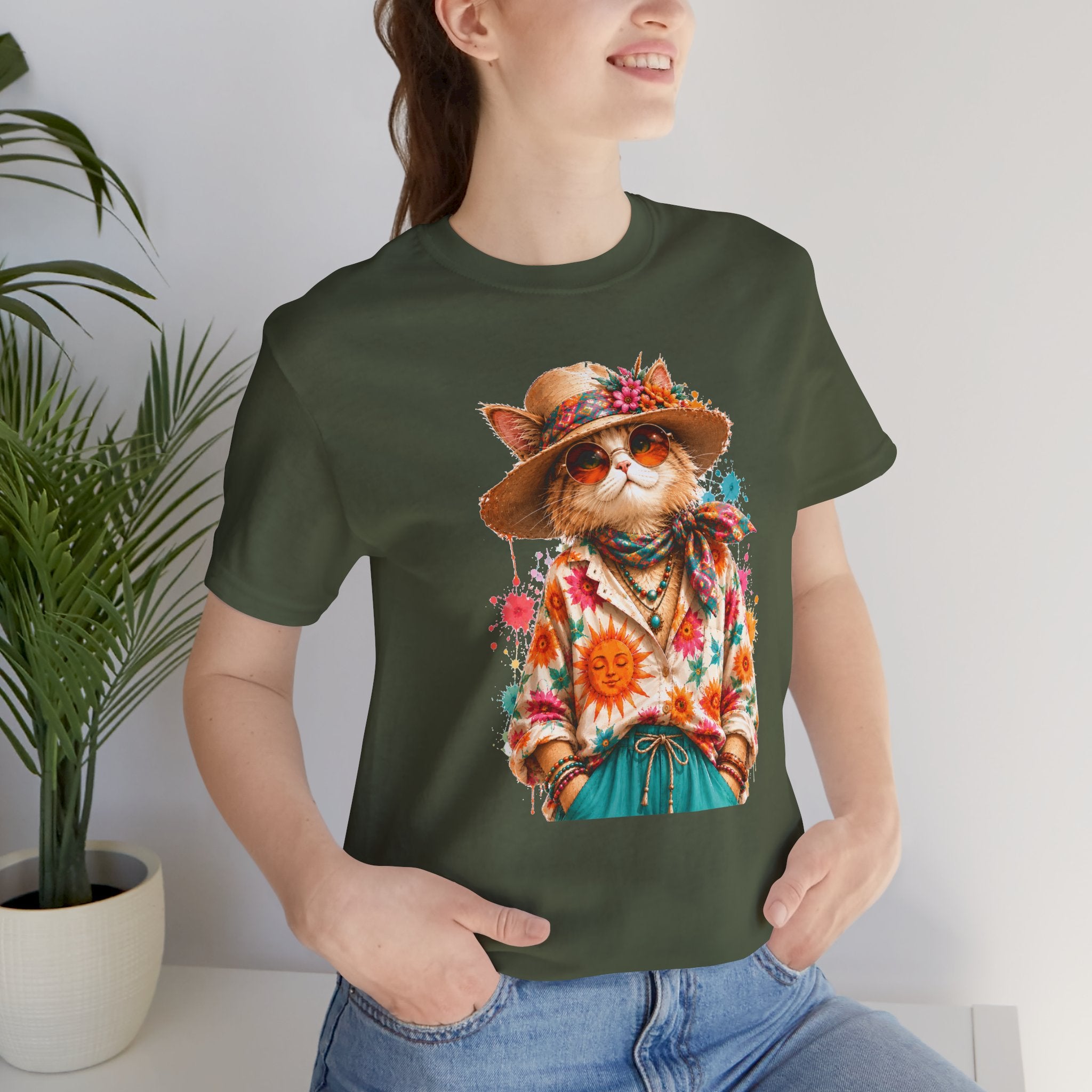 Boho Cat Graphic Tee — Floral Hat & Sunshine Cat T-Shirt